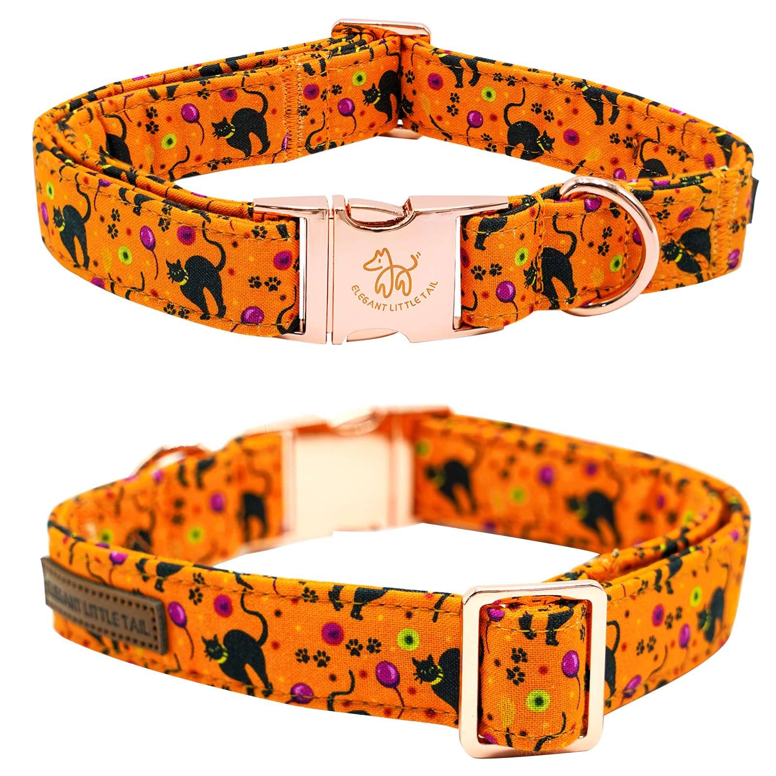 Elegant Little Tail Halloween Cat Print Cotton Dog Collar - Adjustable, Metal Buckle, X-Small Puppy