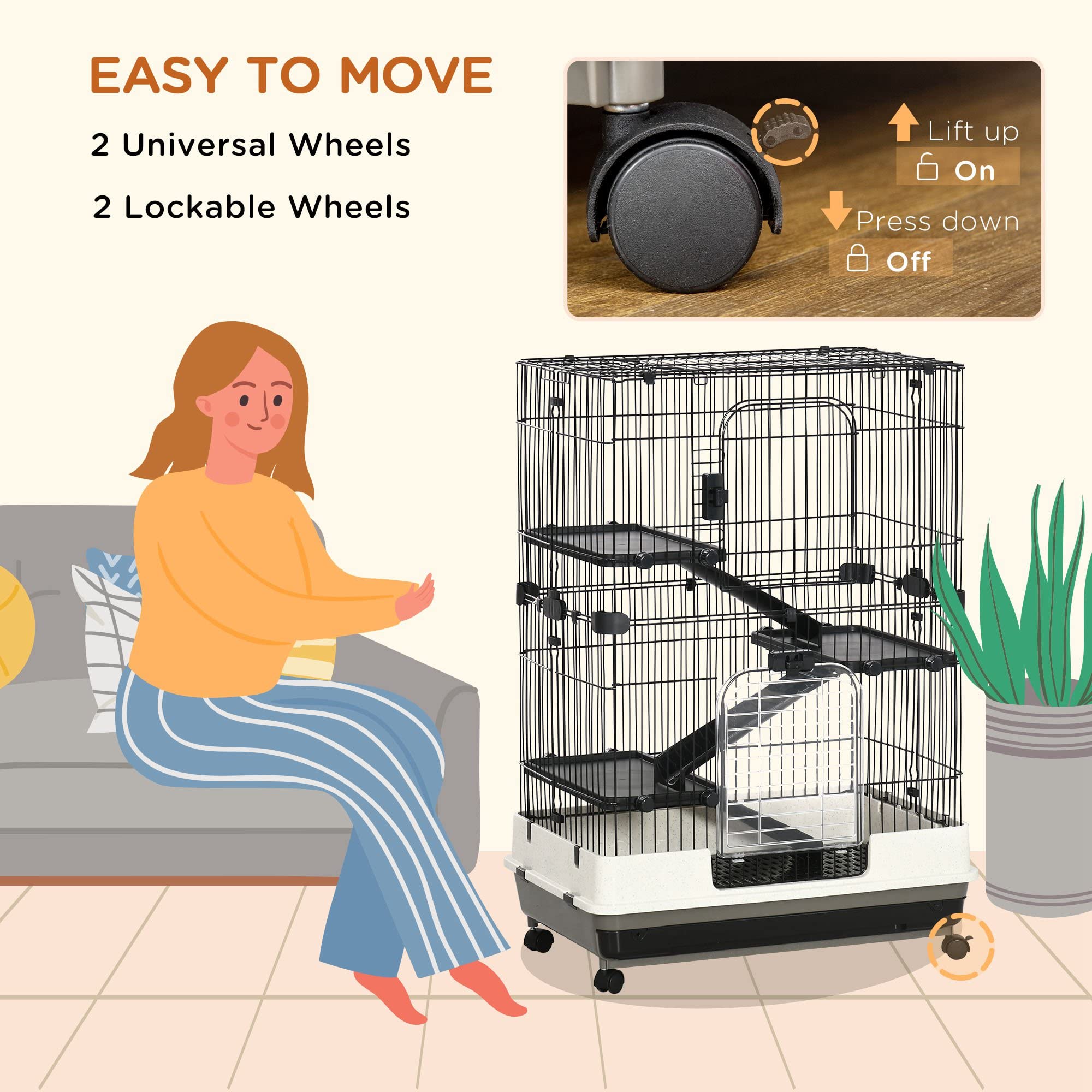 Pawhut 4-Level Small Animal Cage Rabbit Hutch With Wheels, Removable Tray, Platform And Ramp For Bunny, Chinchillas, Ferret, Black