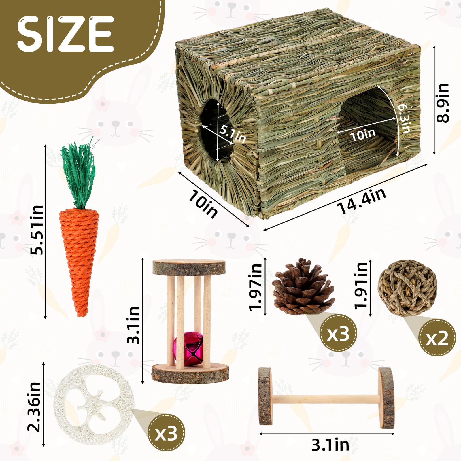 Bwogue Extra Large Rabbit Grass House Natural Hand Woven Seagrass Bed Safe Comfortable Playhouse Chew Hideaway Mat Hay Toys Hut