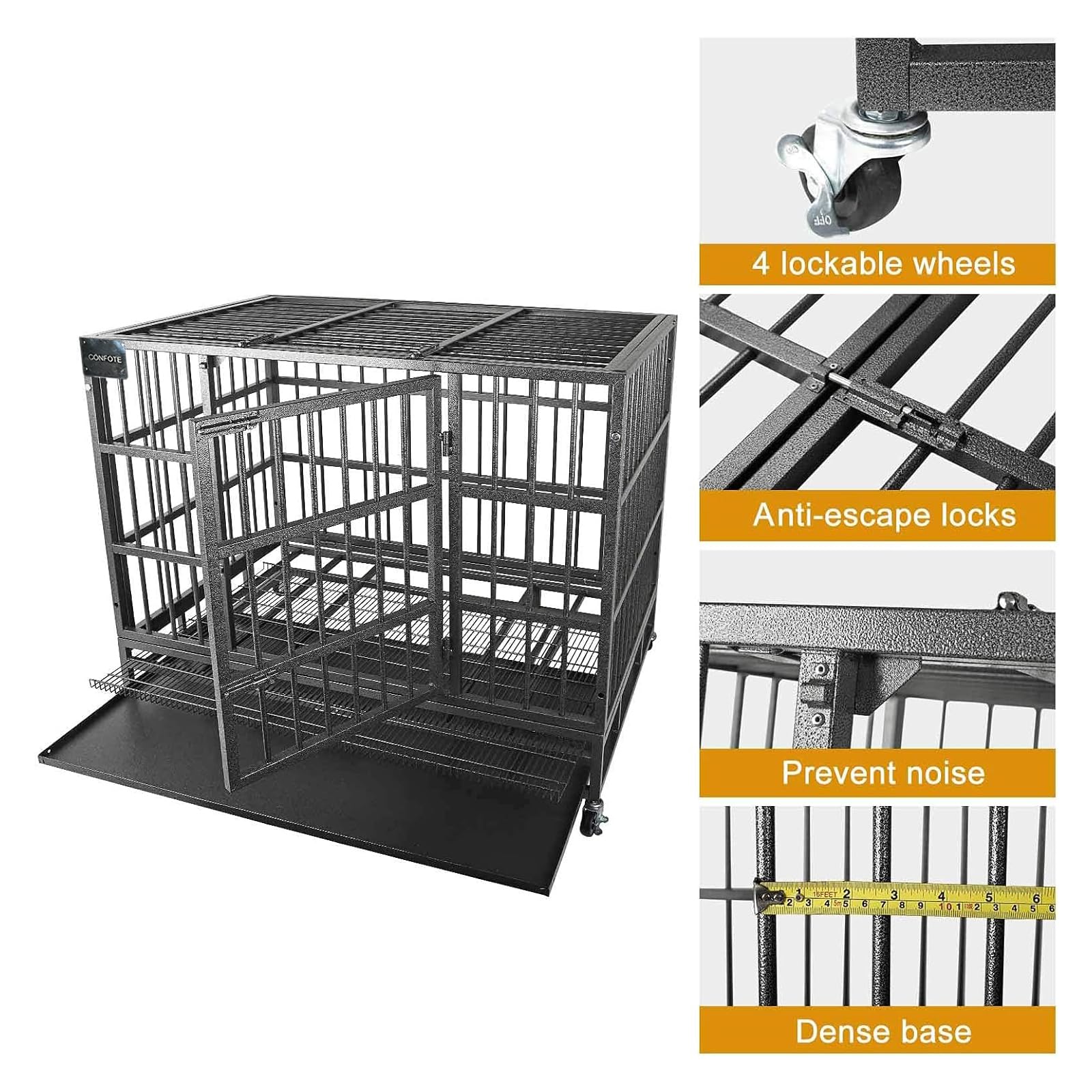 Confote 48'' Heavy Dog Duty Cage Metal Indestructible Dog Kennels Crate For Large Dogs With Double Doors & Lockable Wheels