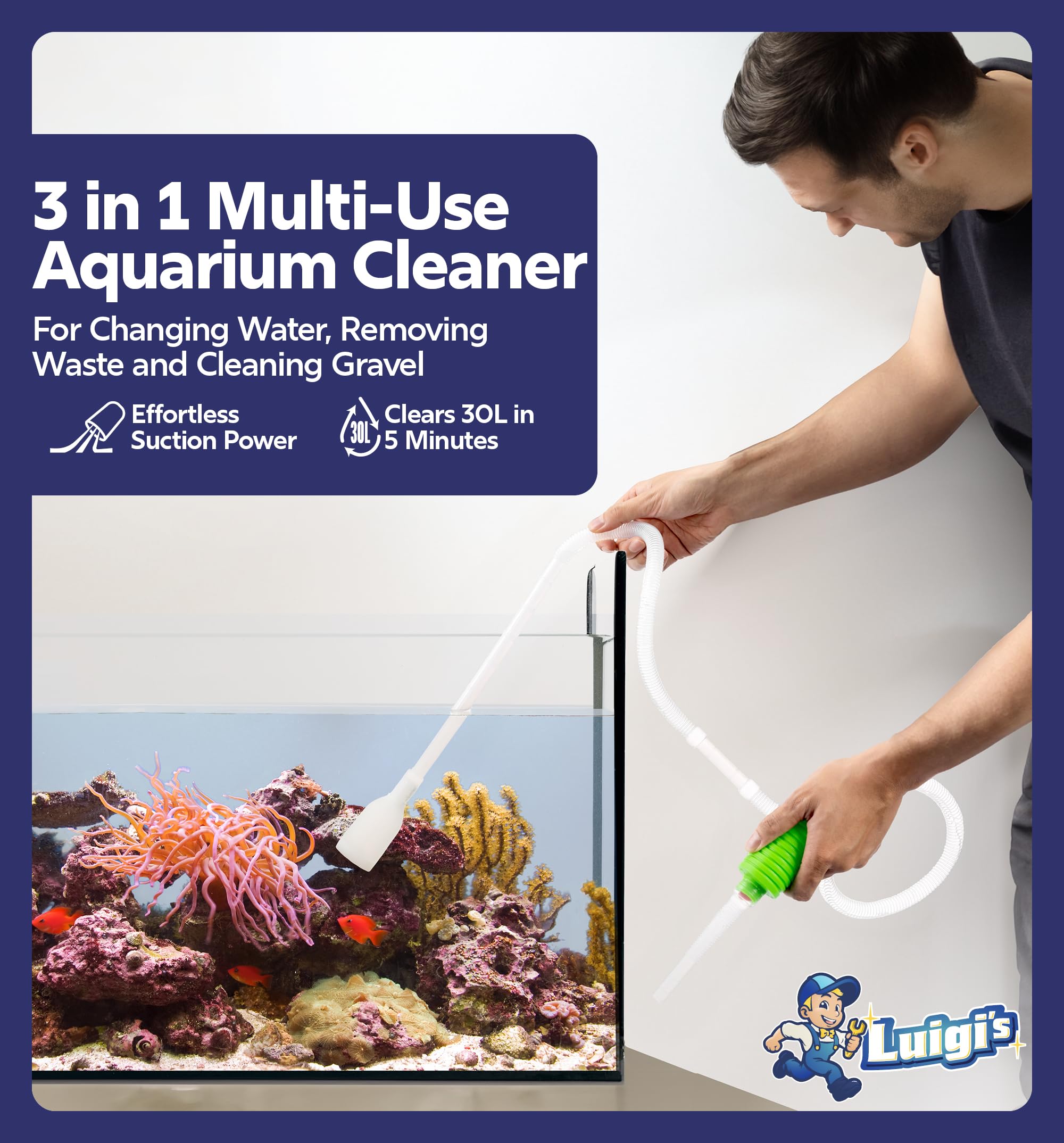 Luigi'S Fish Tank Cleaner - Gravel Pump Vacuum For Aquarium - Hand Siphon Hose To Remove And Change Water Or Sand In Minutes - A