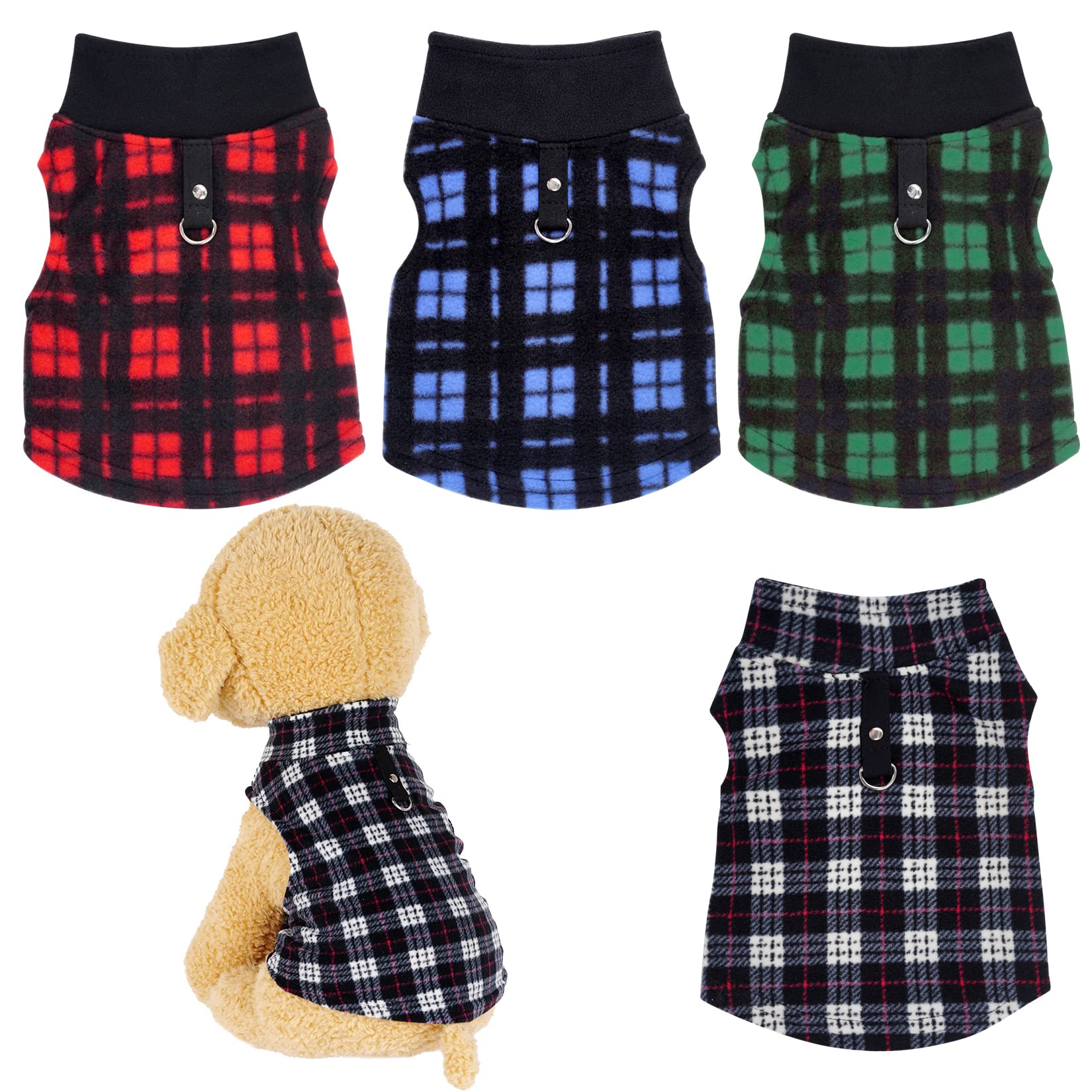 Rbenxia 4 Buffalo Plaid Dog Sweaters with Leash Ring Soft Fleece Vest Pullover Warm Jacket Pet Clothes Winter Outfits for Small 