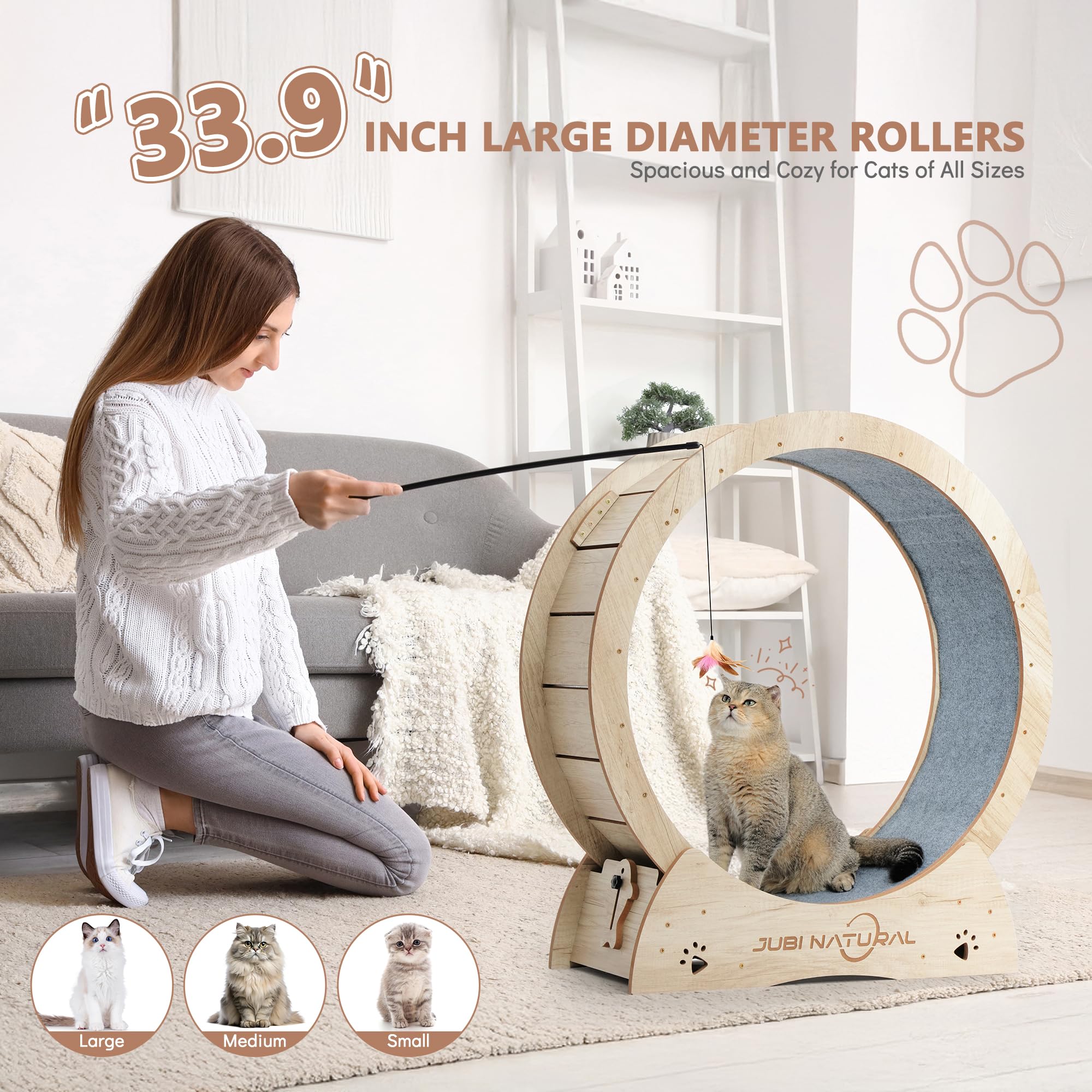 Jubinatural Cat Exercise Wheel, 33.9'' Cat Running Wheel For Indoor Cats With Quiet Carpeted Runway, Cats Treadmill Wheels With