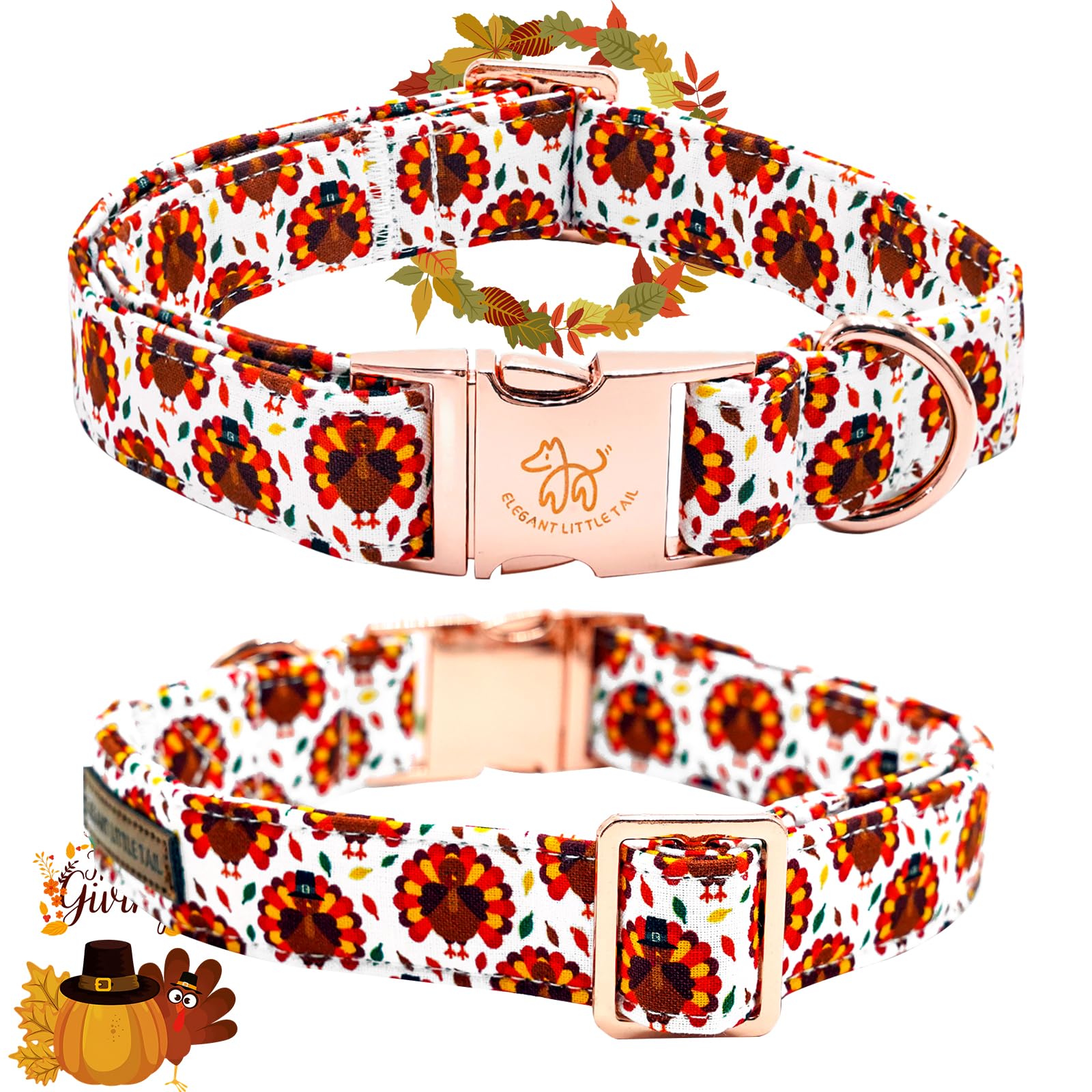 Elegant Little Tail Thanksgiving Dog Collar, Turkey Print Pet Collar Dog Durable Cute Dog Collars Winter Holiday Male Or Female