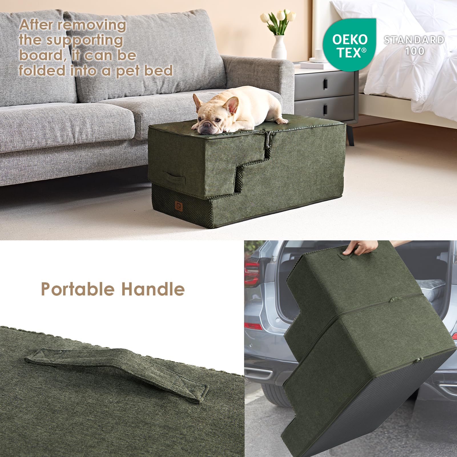 Eheyciga Dog Stairs For High Bed 22.5”H, 5-Step Dog Steps For Bed, Pet Steps For Small Dogs And Cats, Non-Slip Balanced Dog Indoor Ramp, Olive Green