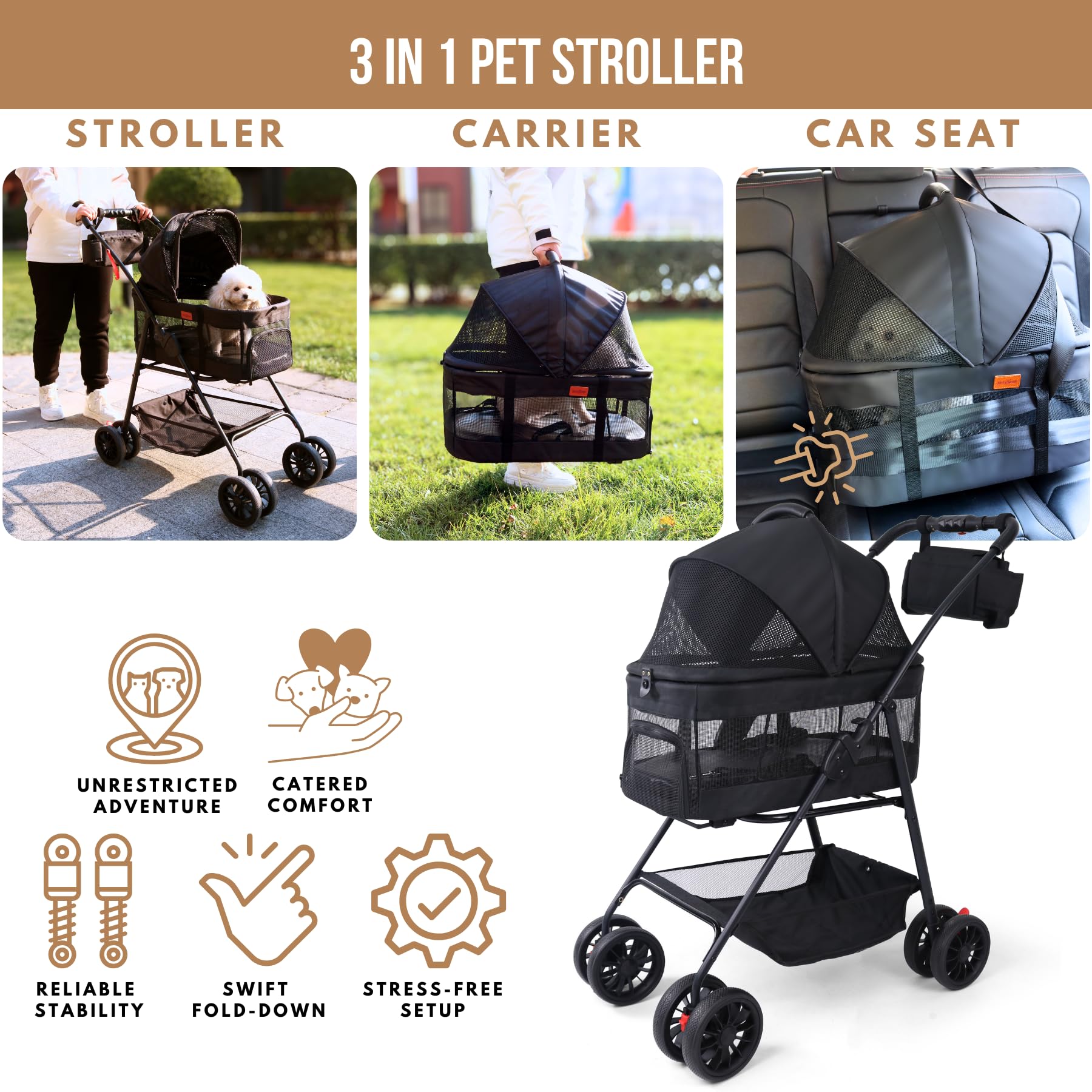 Bicystar Pet Stroller For Small Dogs Cats With Wheels, Detachable Carrier, Max Load 33 Lbs, Easy Folding, Compact Portable, Dog