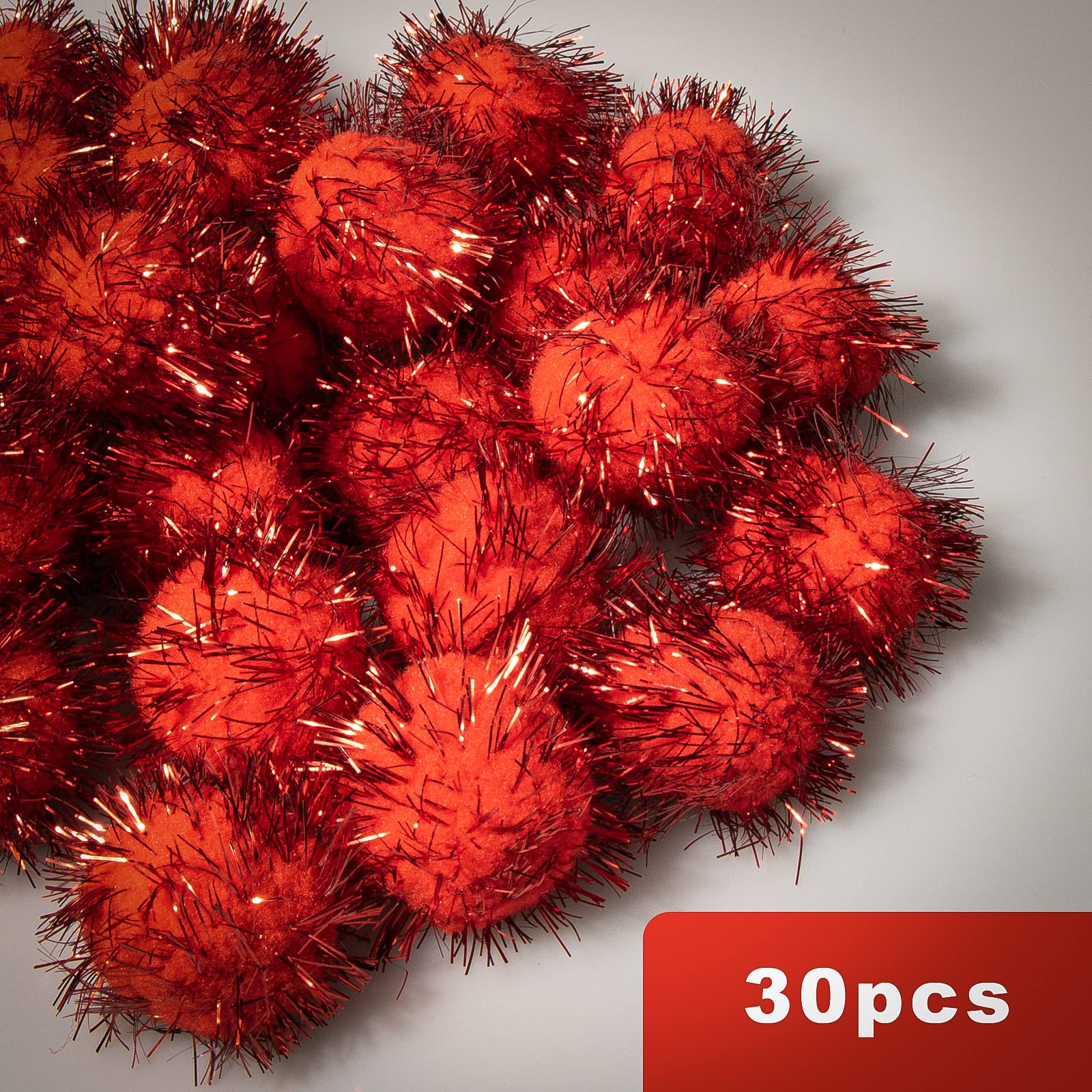 Vapker 30 Piece 1.5' Red Color Sparkle Balls Cat'S Favorite Toy Tinsel Pom Poms Glitter