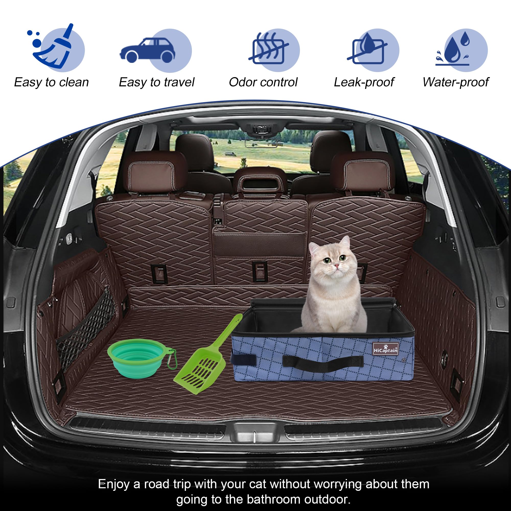 Hicaptain Portable Travel Litter Box With Lid, Foldable Cat Travel Litter Box - Leakproof, Odor-Free & Waterproof. Ideal For Roa