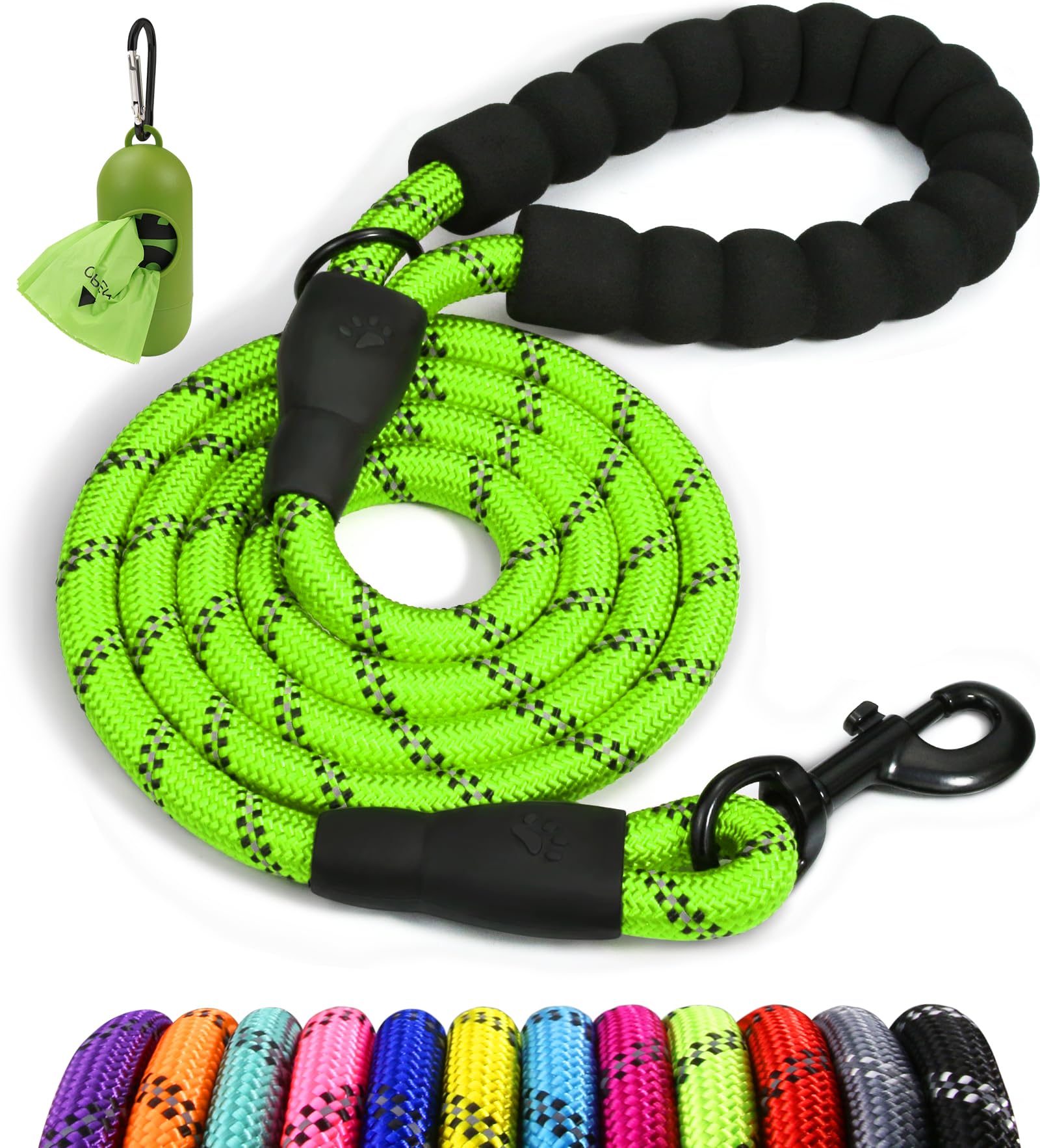 Taglory Rope Dog Leash 6 Ft With Comfortable Padded Handle, Highly Reflective Threads Leash For Medium Large Dogs, 1/2 Inch, Gre