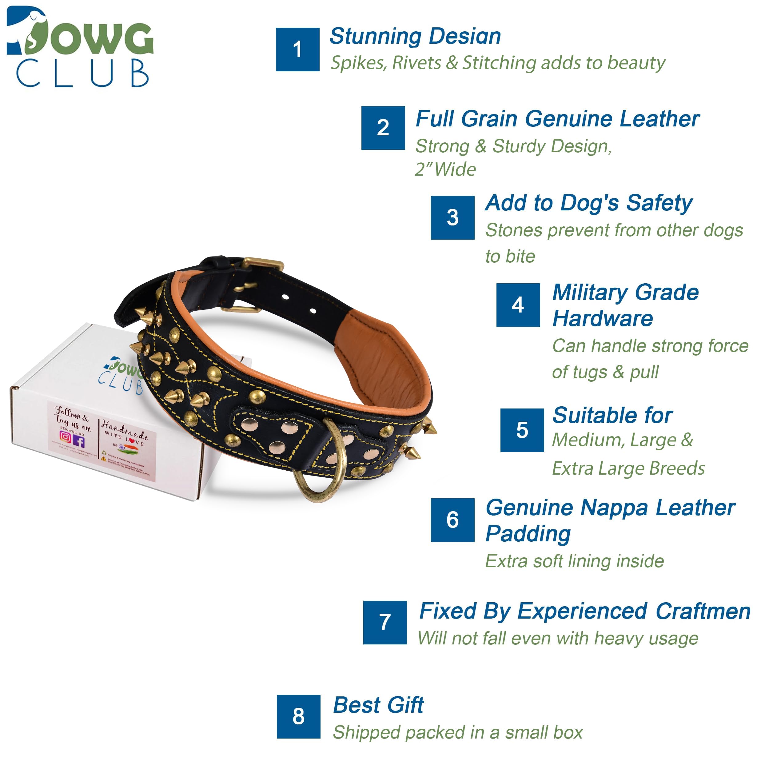 Dowgclub | Genuine Leather Spike Dog Collar | Western Style, Full Grain, Heavy Duty | Padded, Comfortable, Strong, Best For Medi