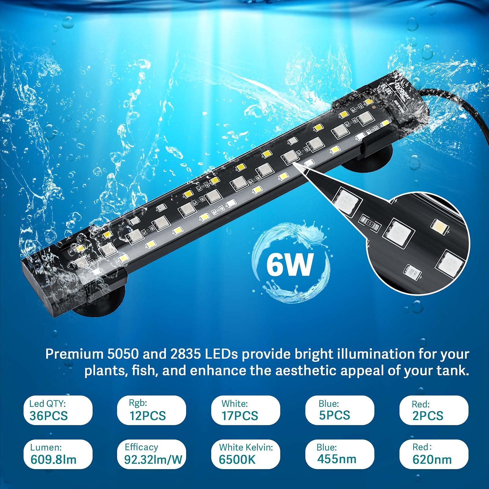 Hygger 24/7 Mode Submersible Aquarium Led Light, Full Spectrum Hidden Fish Tank Light With 3 Rows Beads 7 Colors Auto On Off Sun