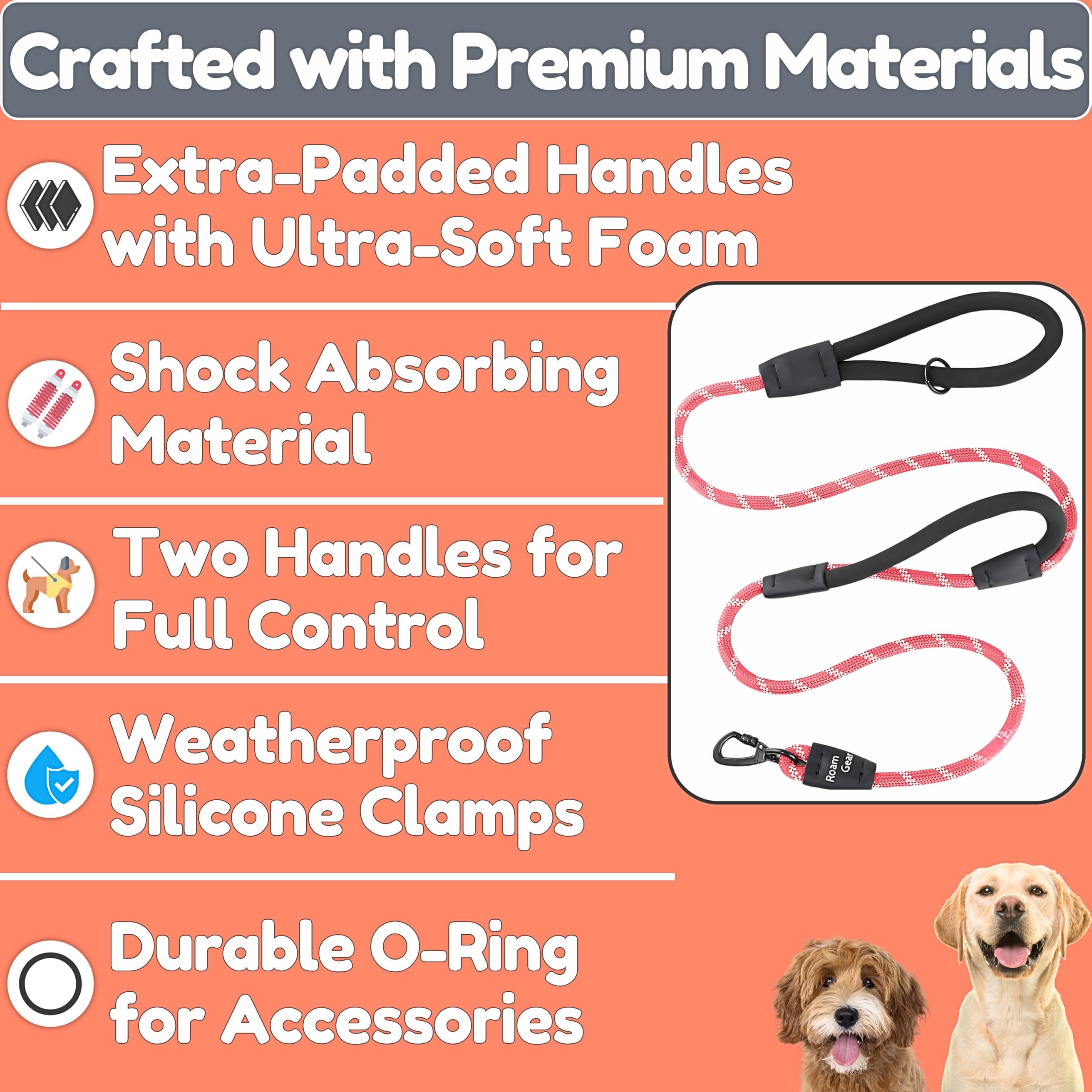 6 Foot Dog Leash, Two Extra Padded Handles, Heavy Duty Dog Leash for Medium to Large Pets, Highly Reflective, Shock-Absorbing No