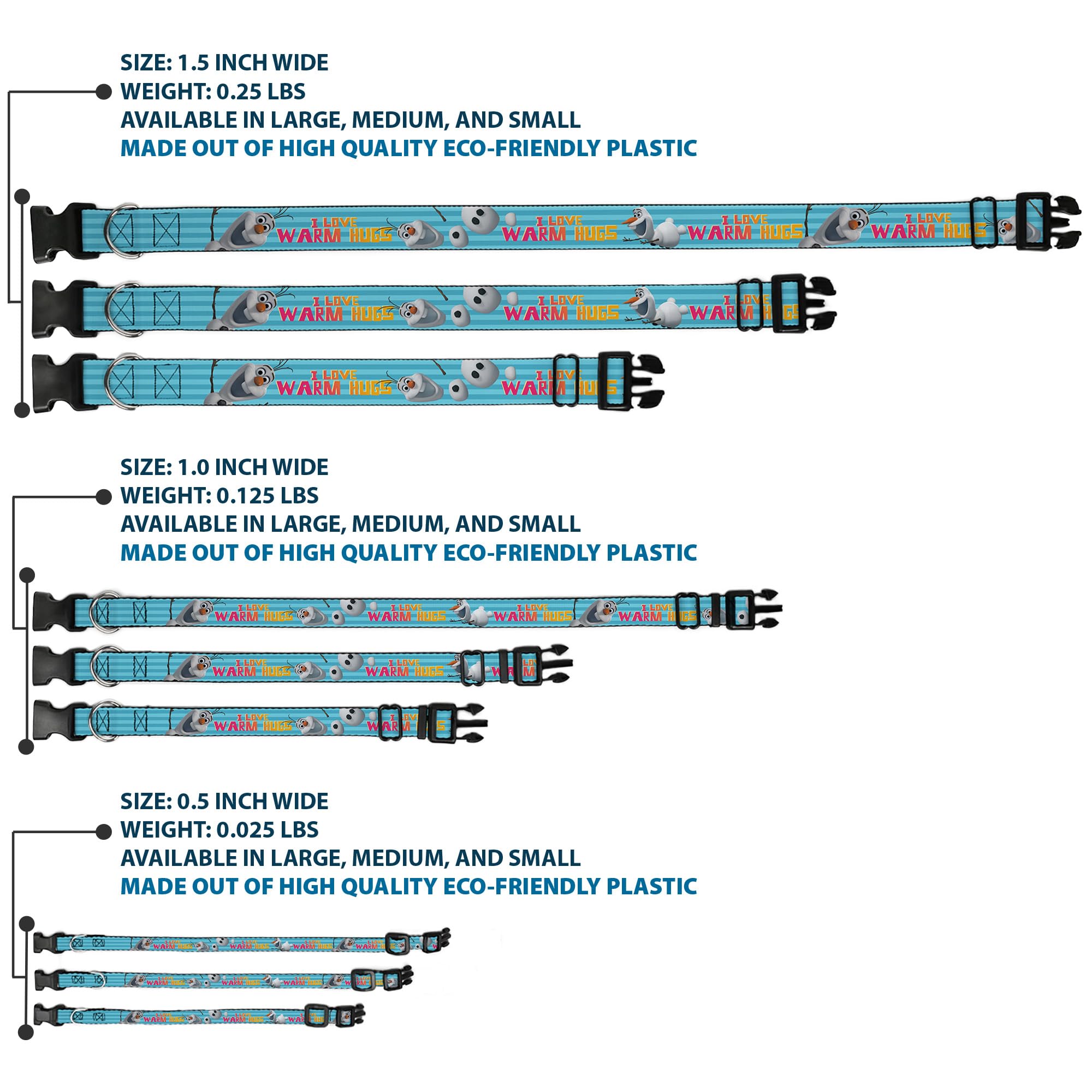 Buckle-Down Plastic Clip Collar - Olaf Pose I Love Warm Hugs Stripe Blues - 1.5' Wide - Fits 13-18' Neck - Small