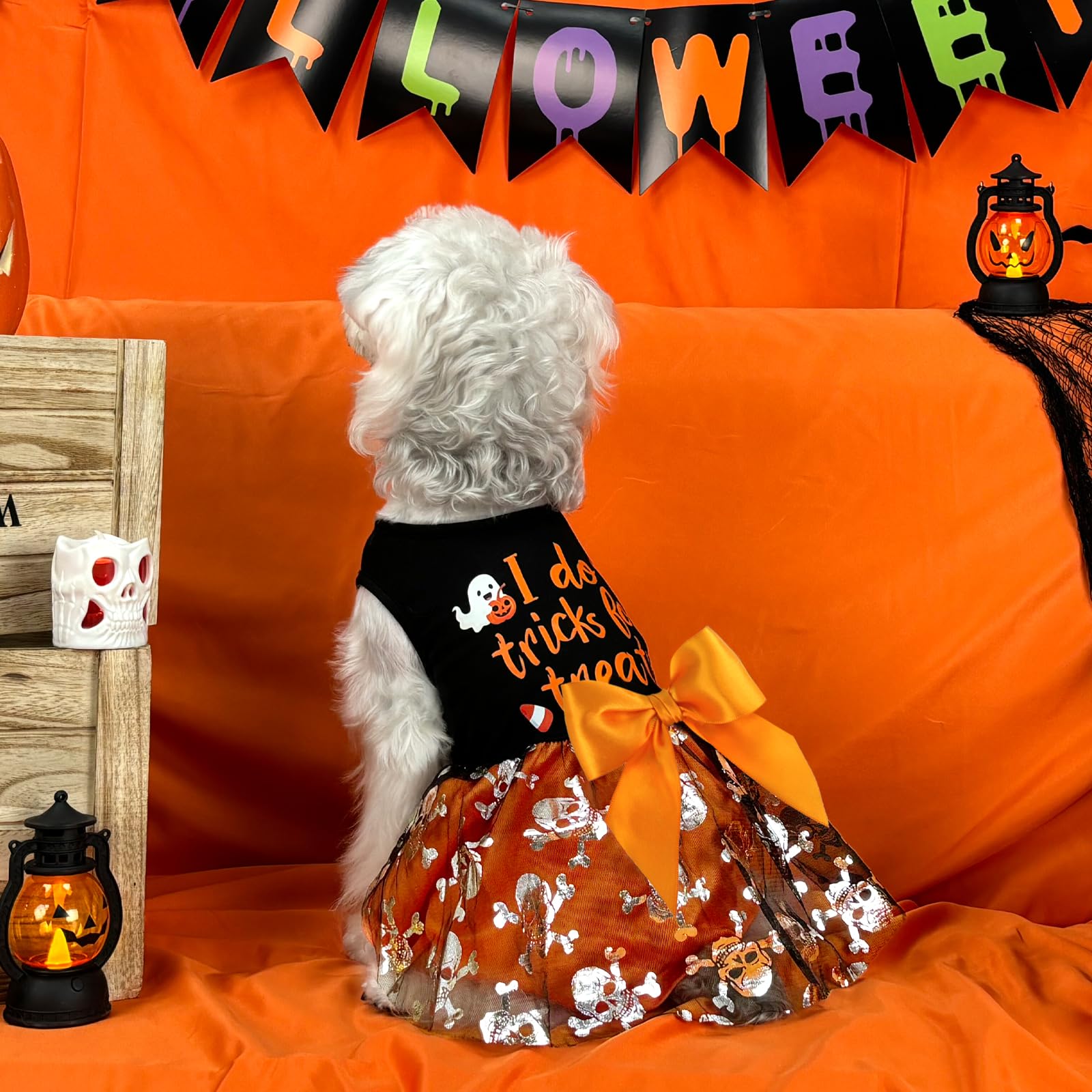 Xpudac Halloween Dog Dress Costumes For Small Dogs Girl Tulle Dress Dog Clothes Skull Holiday Pet Costume Cat Outfits, Orange-Me