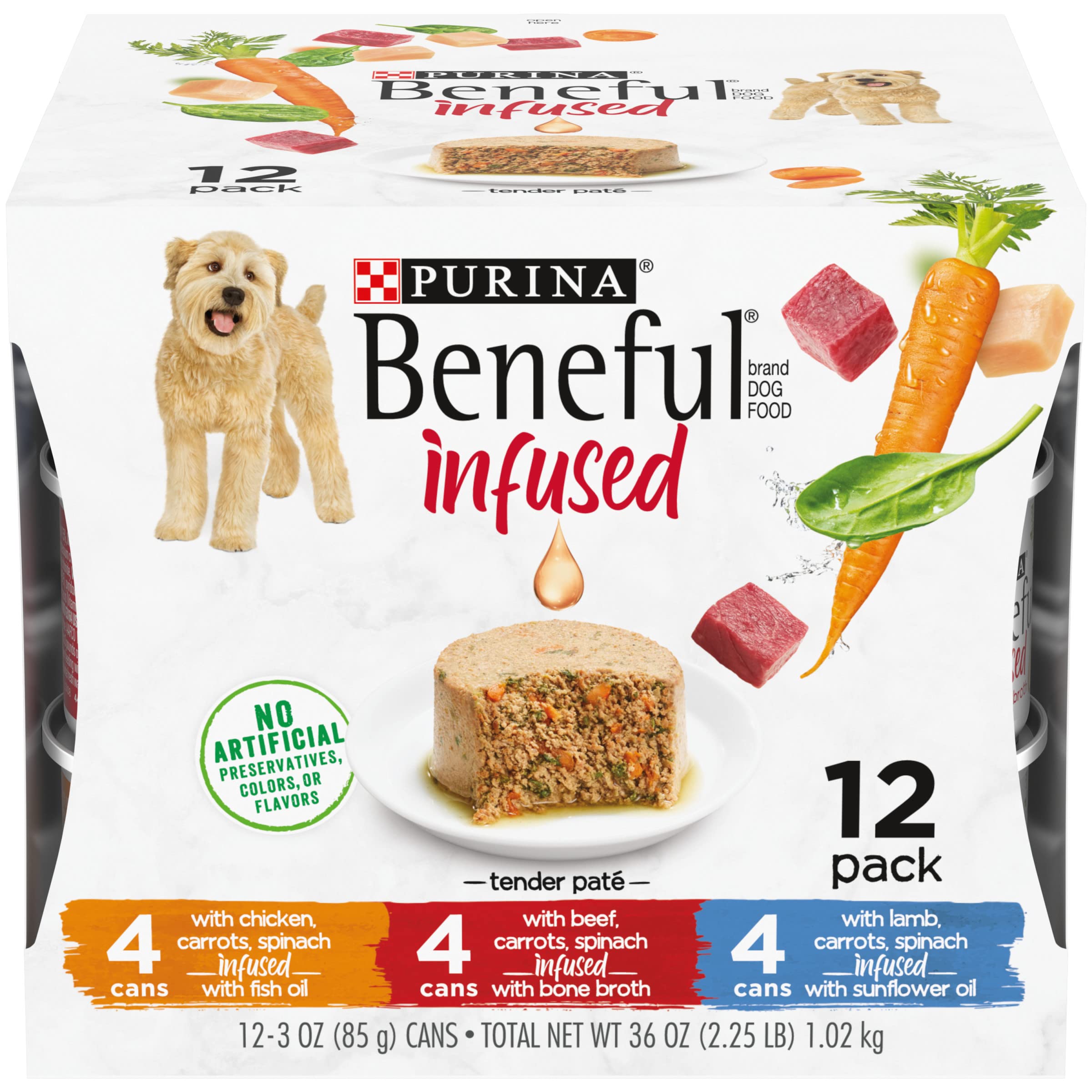 Purina Beneful Infused Pate Wet Dog Food Variety Pack, Pate With Real Lamb, Chicken or Beef Varieties - (2 Packs of 12) 3 oz. Ca