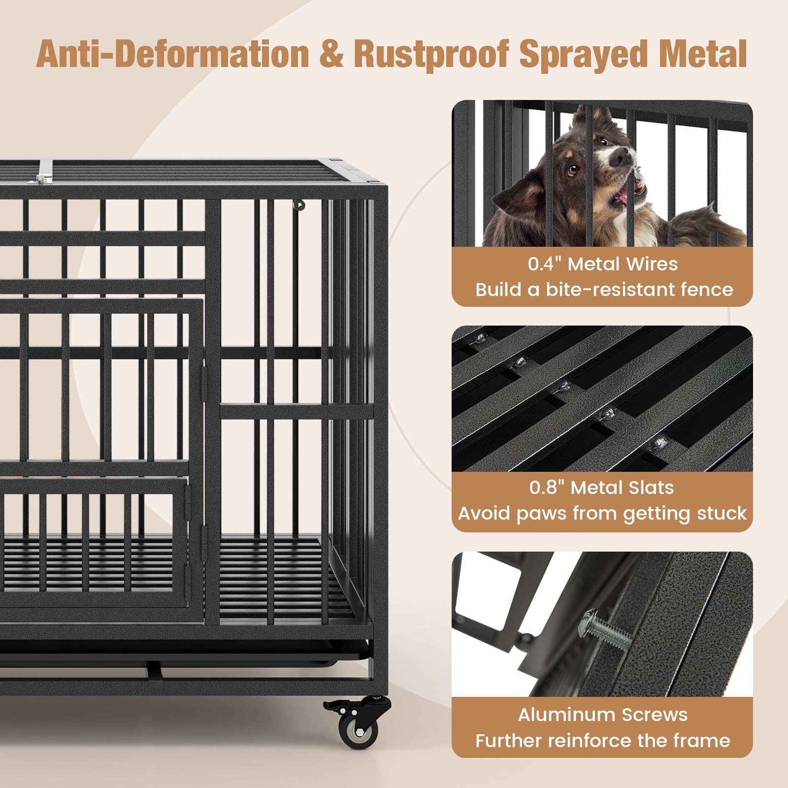 Petsite 37 Inches Foldable Metal Dog Crate, Heavy Duty Dog Cage With 3 Lockable Doors, Removable Tray, 4 Lockable Universal Whee