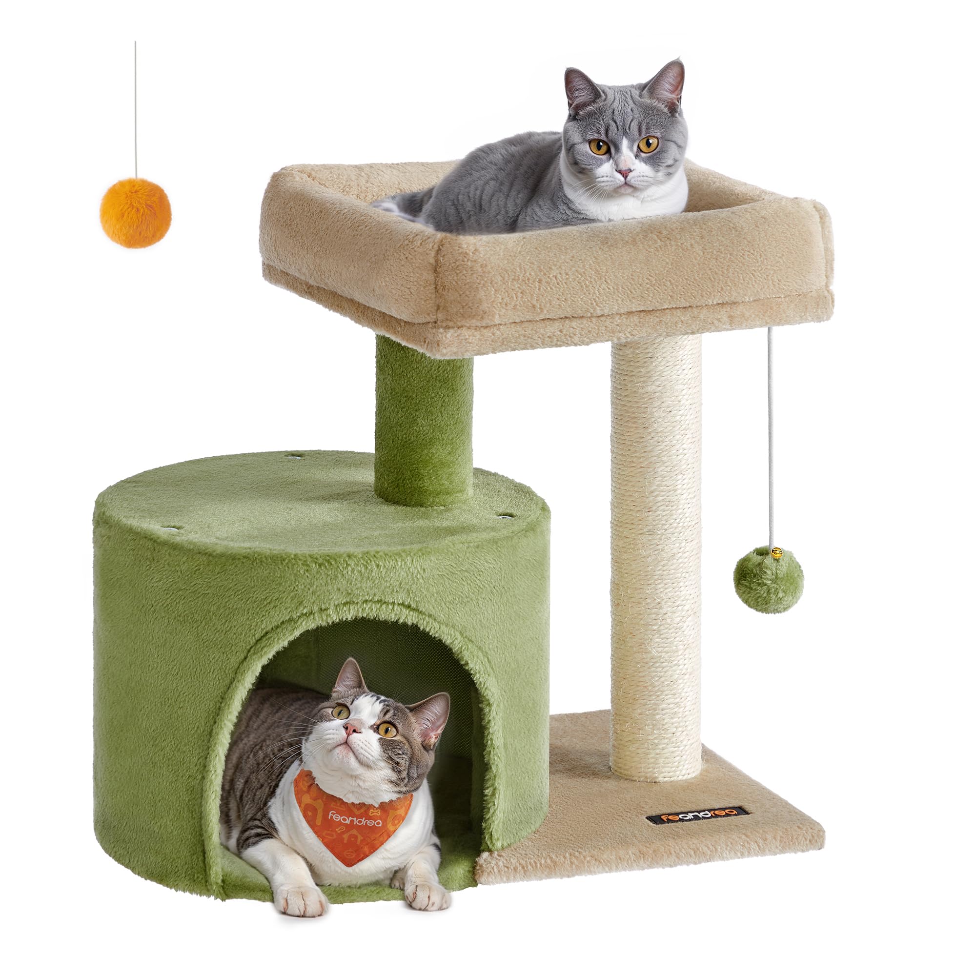 Feandrea Cat Tree Tower with Sisal Scratching Post, Cat Condo with Padded Perch, for Small Spaces, Kittens, Grass Green and Came
