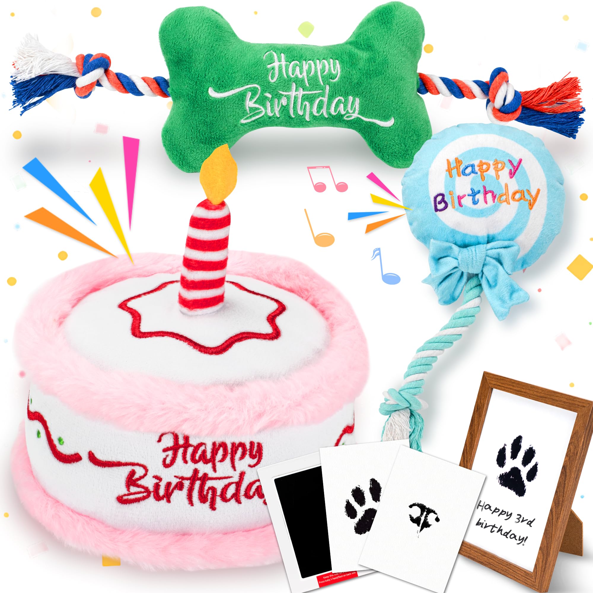 LECHONG Dog Birthday Gifts Set, Squeaky Dog Toys and Memorial Paw Print Kit for Small Medium Dogs Birthday Celebration Include B