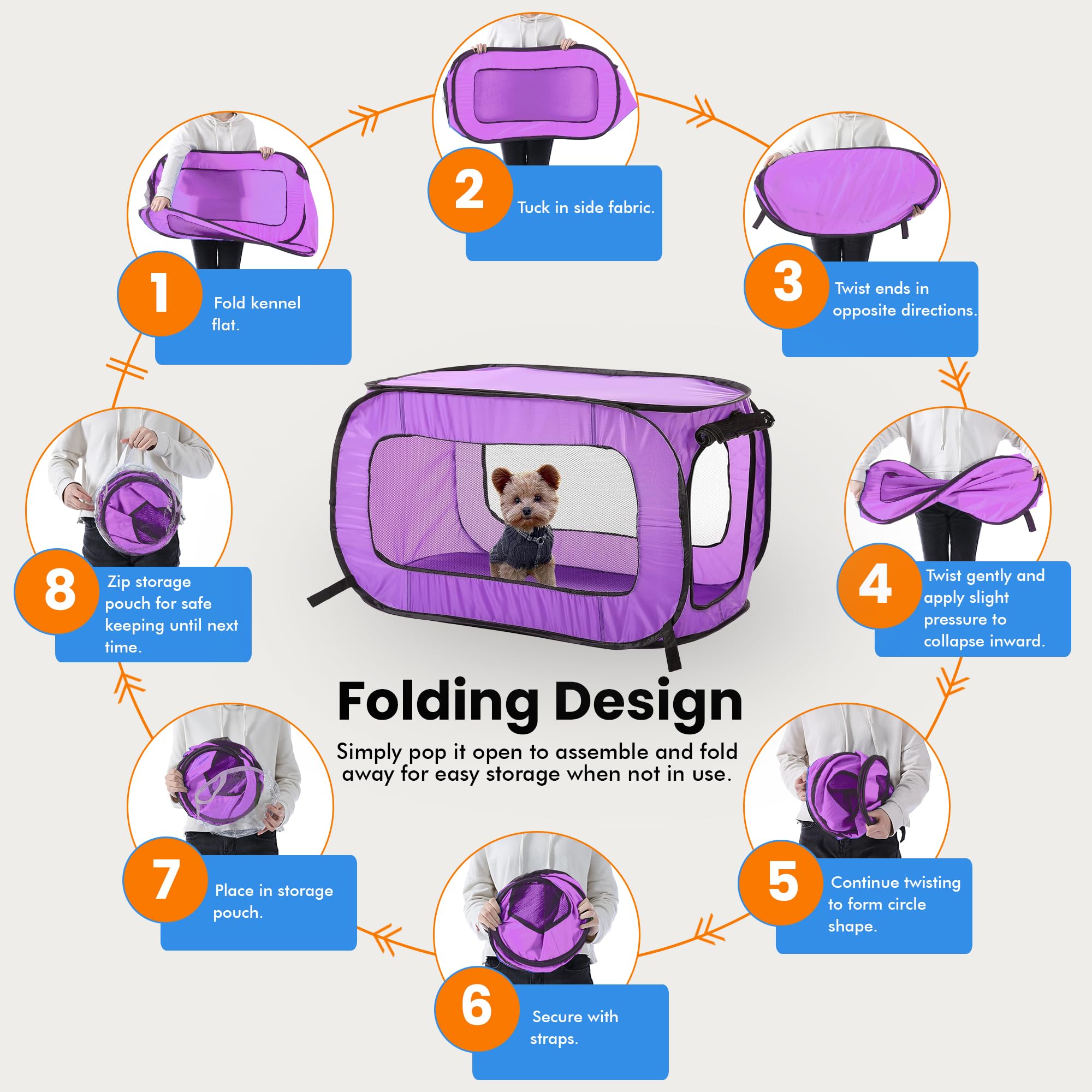 Beatrice Home Fashions Portable, Collapsible, Pop Up Kennel Travel Cat And Dog Crate, 24' L X 16.6' W X 16' H, Purple