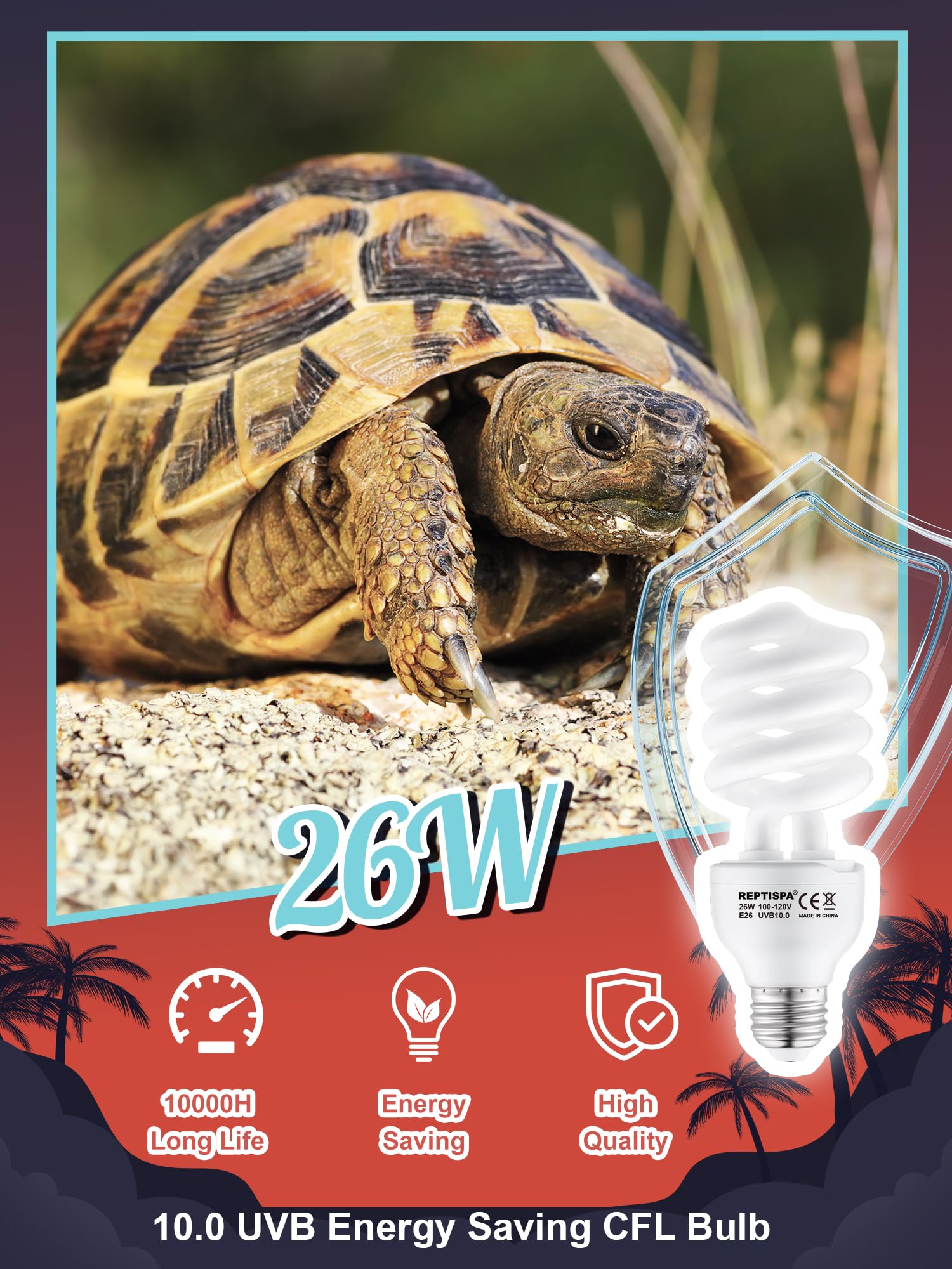 Reptispa Heat Lamp Combo - 100W UVA & 26W UVB Bulb for Reptiles, Energy Saving Infrared Light, White, Model PALI017