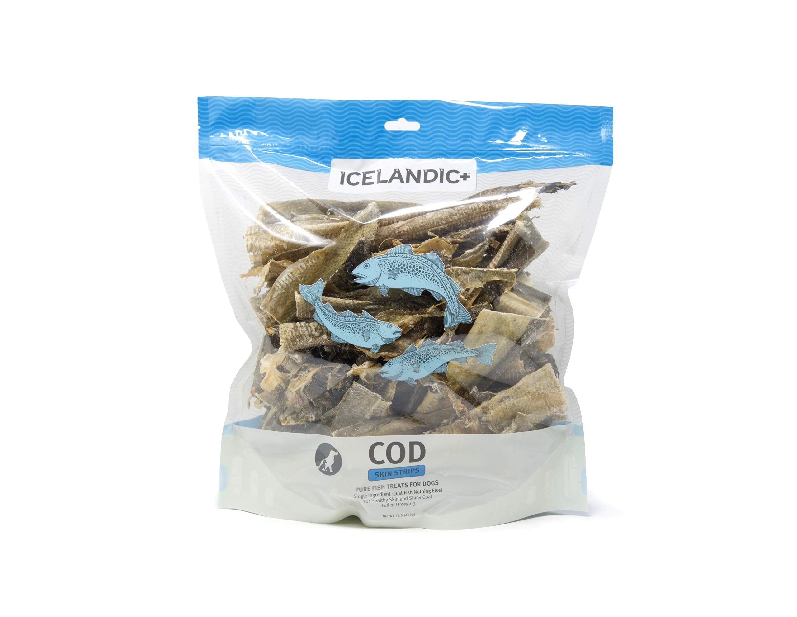 Icelandic+ Cod Skin Strips - 16oz Bag, Pure Fish Dog Treats, Wild-Caught & Air-Dried, Single Ingredient Snacks, Pet Chews, Just