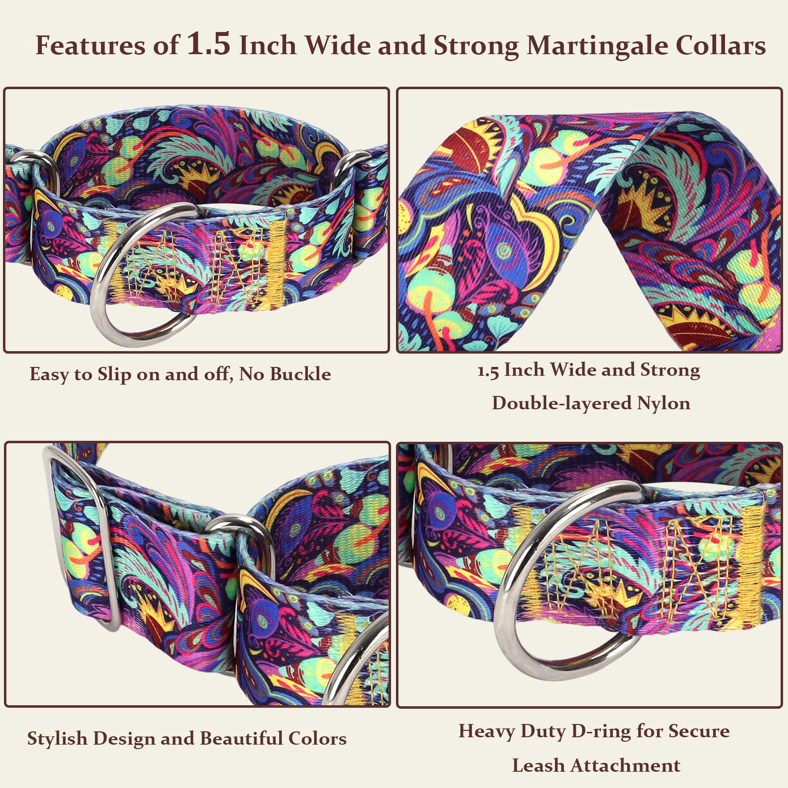 Martingale Dog Collar No-Pull Adjustable For Medium/Large Dogs - Heavy Duty 1.5' Wide Training Collar With Aztec Tribal Pattern
