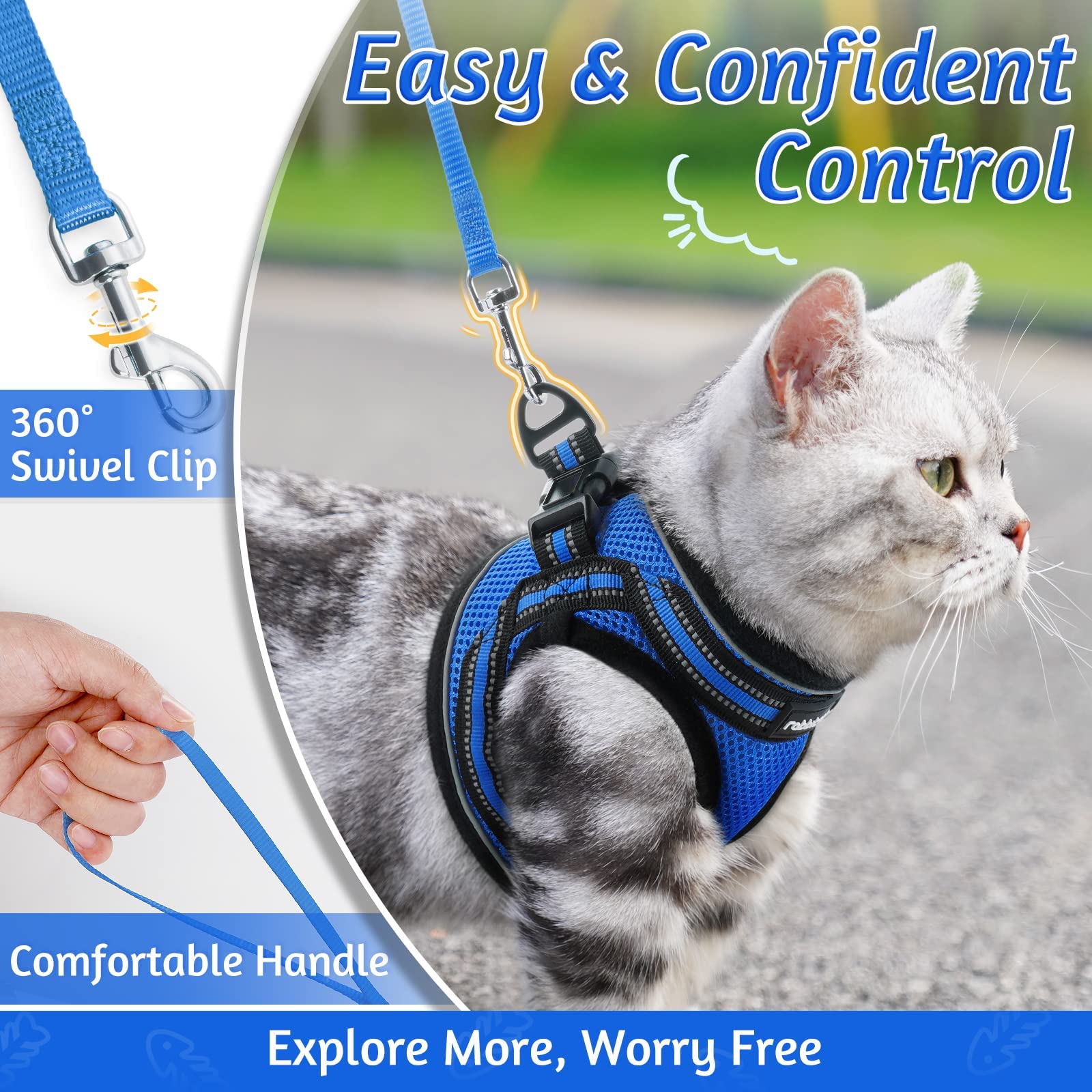Rabbitgoo Cat Harness And Leash Set For Walking Escape Proof, Adjustable Soft Kittens Vest With Reflective Strip For Cats, Comfortable Outdoor Vest,Blue,L