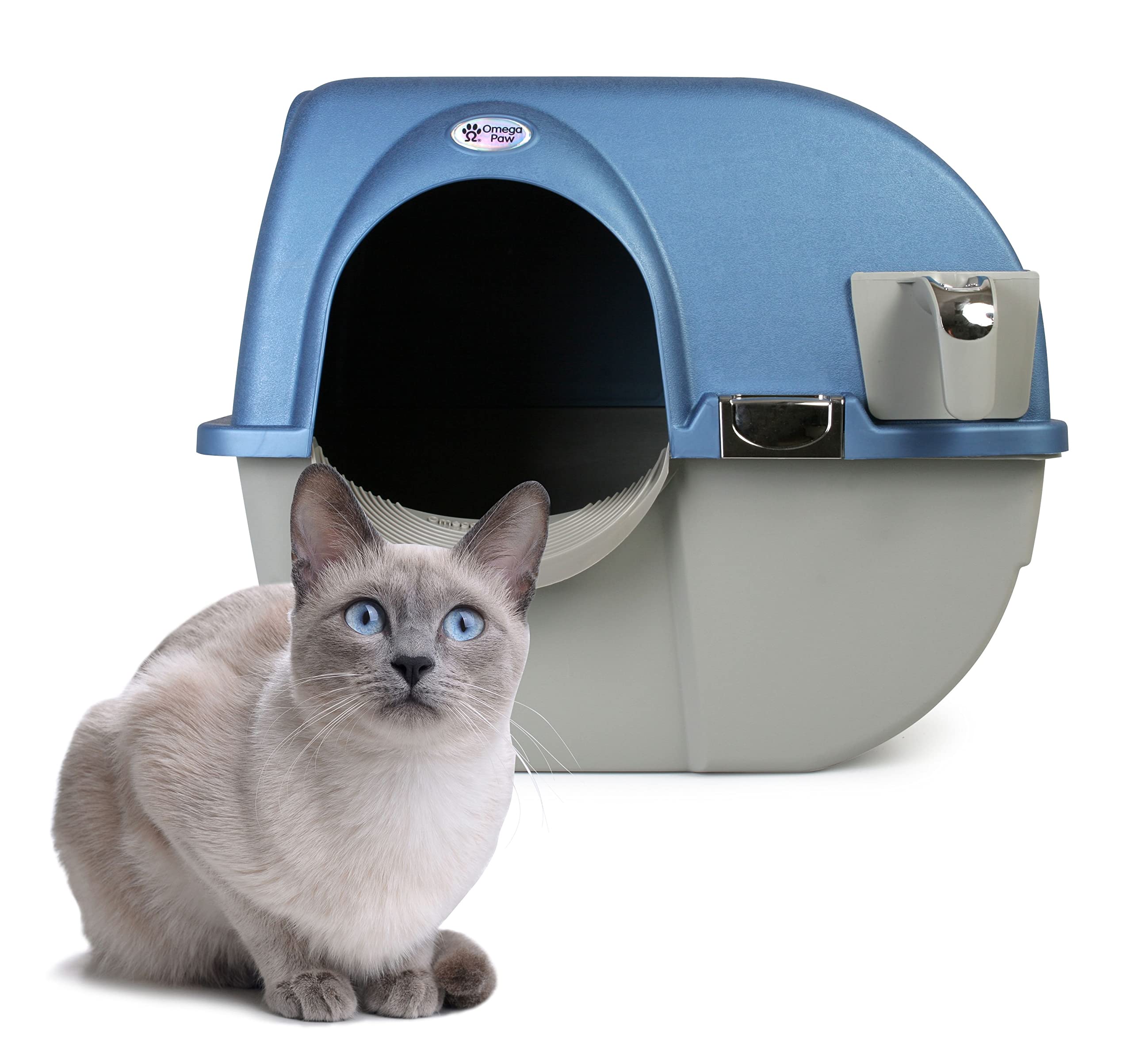 Omega Paw Premium Roll 'n Clean Litter Box, Large, Peral Blue, Model PR-RA20-1, Durable Polypropylene Material