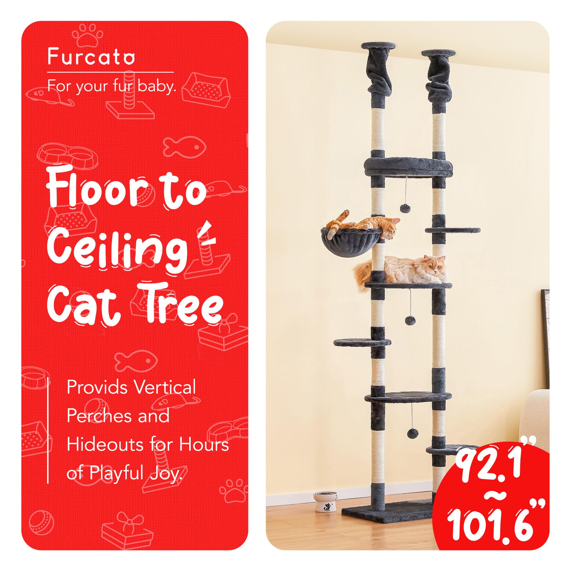 Furcato Cat Tree, Floor To Ceiling Cat Tower Adjustable Height [92-102 Inches=234-258Cm], 7 Tiers Cat Climbing Tree With Hammock