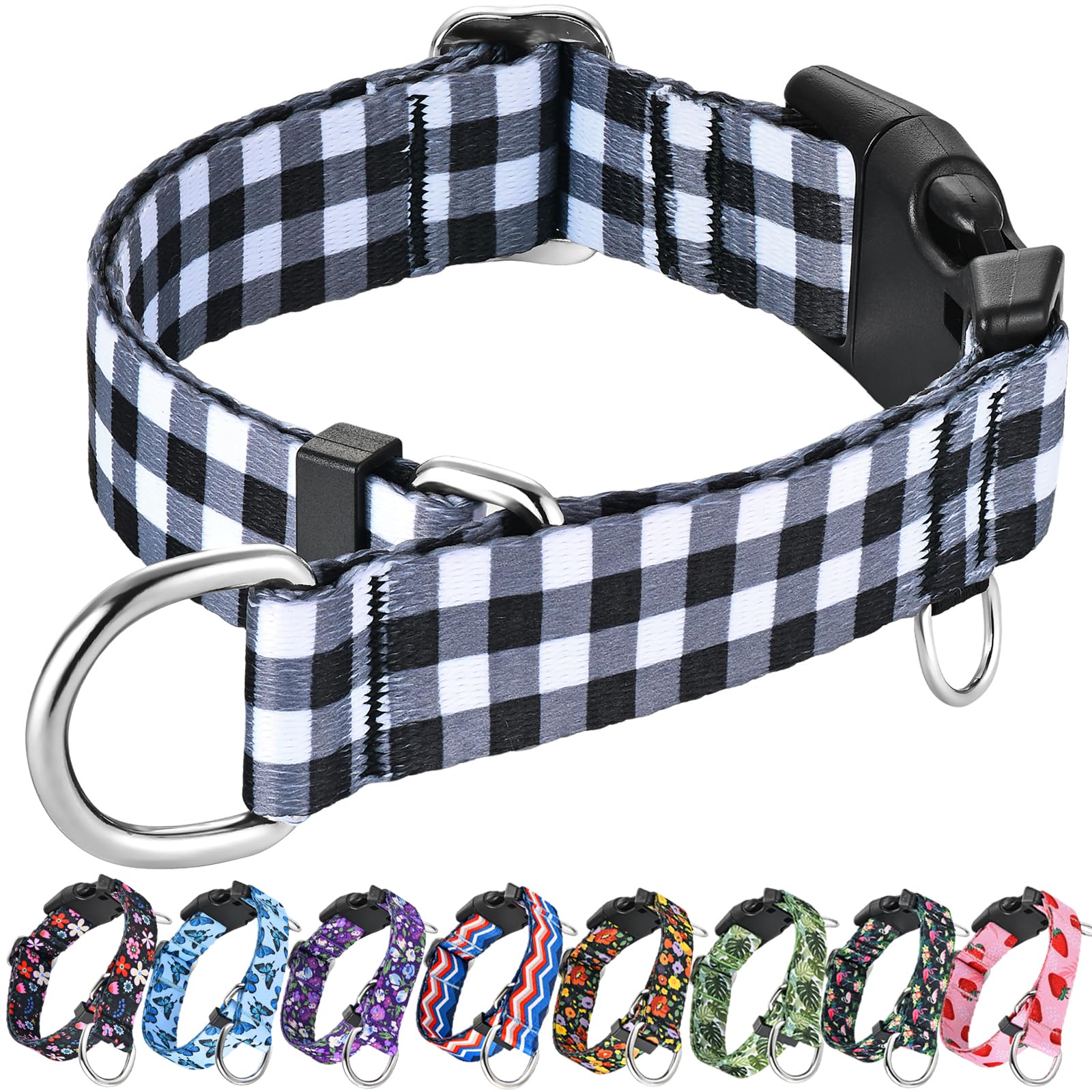 Fidohug Martingale Collar For Dogs With Buckle Adjustable Nylon Limited Slip Training Dog Collar (Black White Checkered, Medium)
