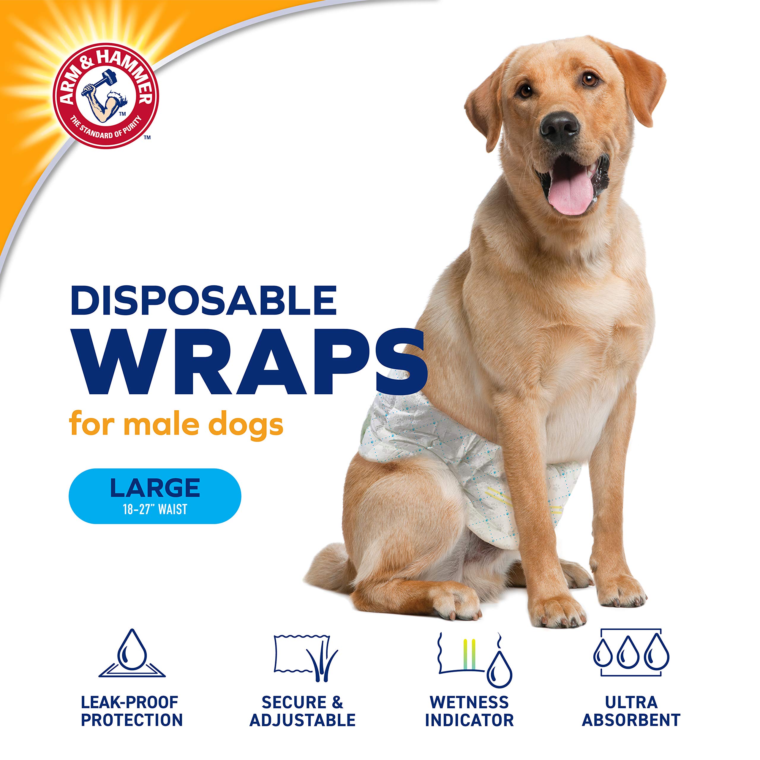 Arm & Hammer for Pets Male Dog Wraps, Size Large, 24 Count UltraAbsorbent, Adjustable Male Dog Diapers with Leakproof Protection