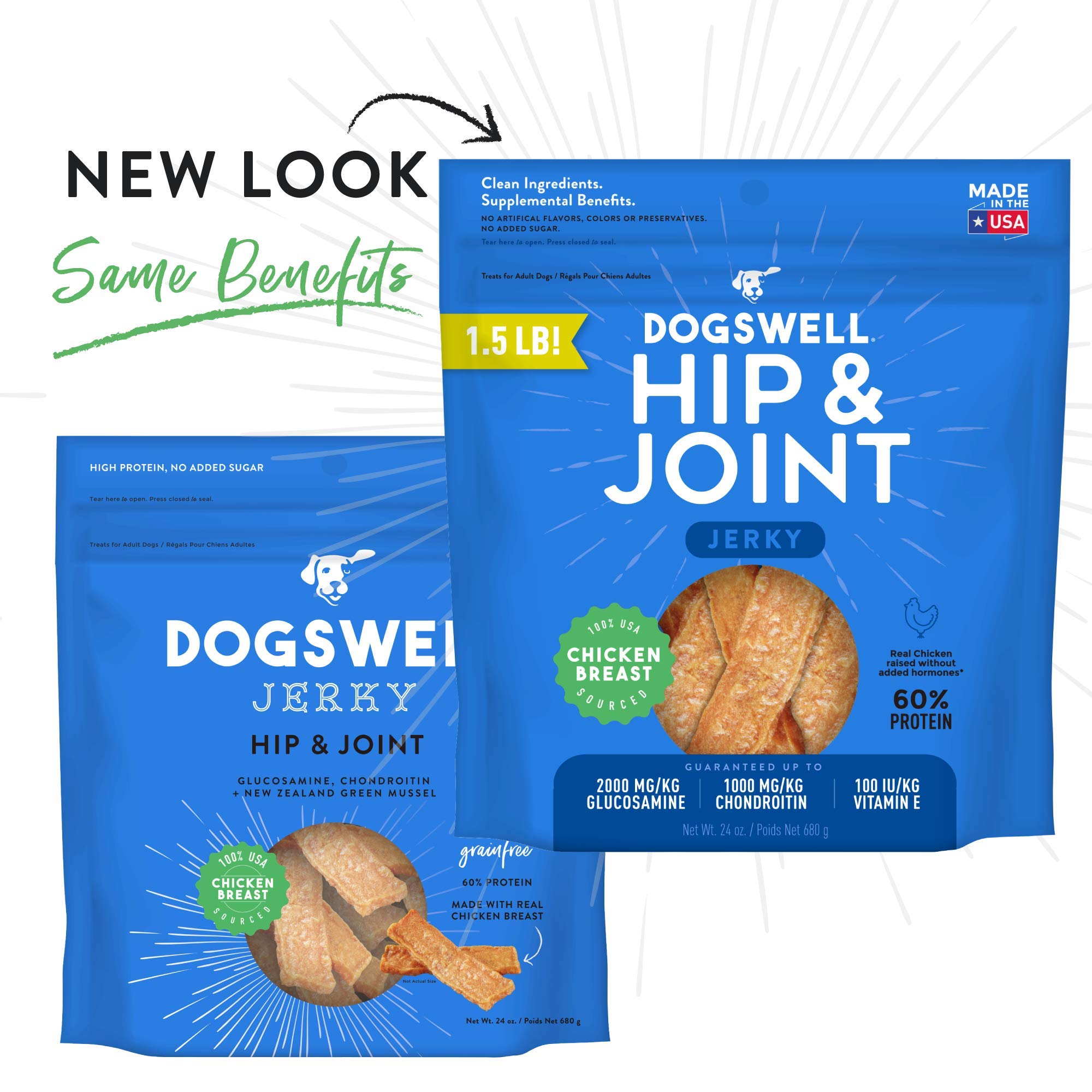 Dogswell Jerky Hip and Joint Dog Treats Grain Free Made in USA Only, Glucosamine and Chondroitin, 24 oz Chicken