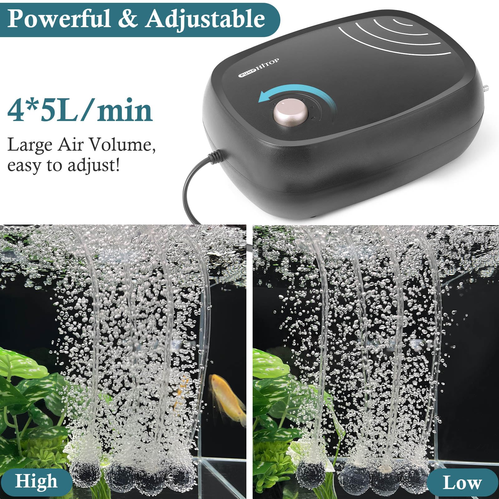 Hitop 10W Powerful Aquarium Air Pump: 4-Outlets 320Gph Air Pump For Fish Tank, Quiet Aquarium Aerator With Completely Accessorie