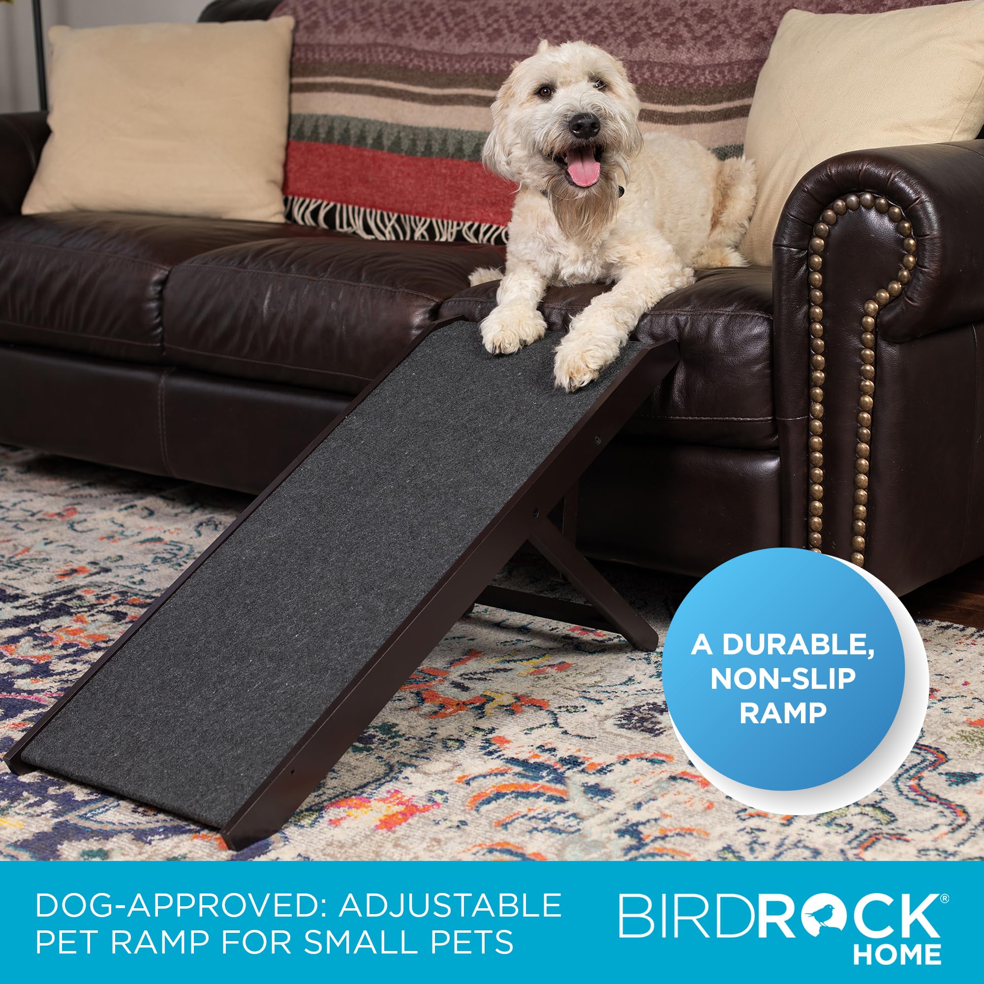 Birdrock Home Adjustable Pet Ramp For Small Dogs, Cats, Puppies - Foldable Wooden Dog Ramp For Couch, Bed, Car - Indoor Or Outdoor- Safe, Portable, Non-Slip Carpet - 16', Espresso