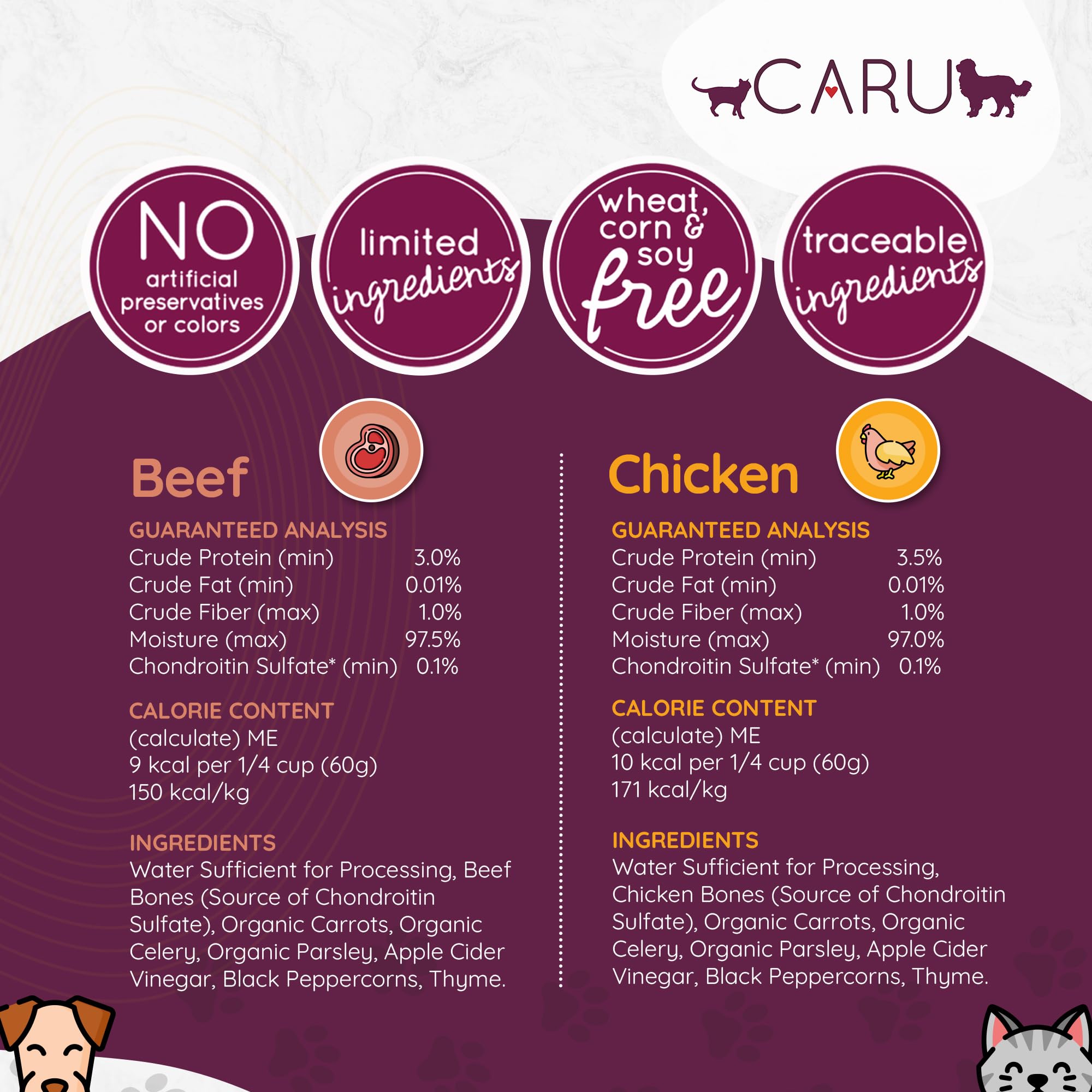 Caru Classics Free Range Chicken Bone Broth for Dogs & Cats - 1.1 Lbs Each - 6 Pack
