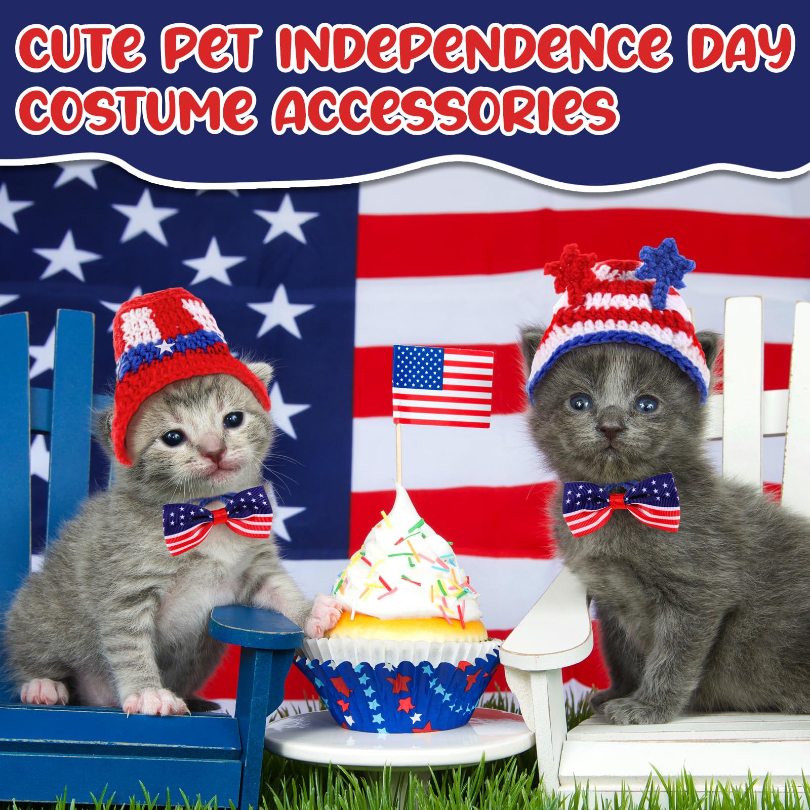 Ganeen 4 Pcs Independence Day Cat Costume 4th of July Pet Hat Headband American Flag Bow Tie Dog Cap USA Small Animal Top Hats N