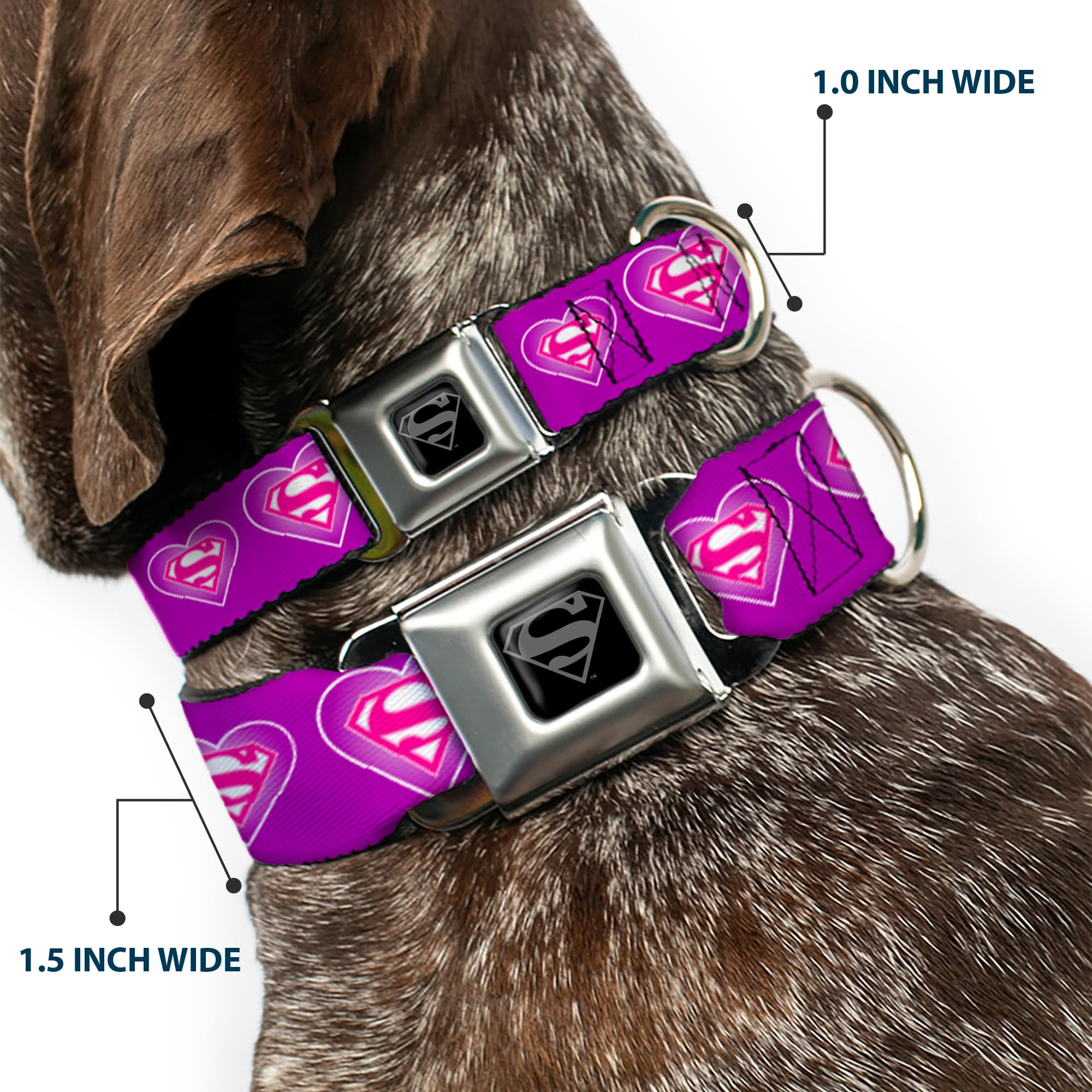 Buckle-Down Seatbelt Buckle Dog Collar - Superman Logo In Heart Purple/White/Pink - 1.5' Wide - Fits 18-32' Neck - Large
