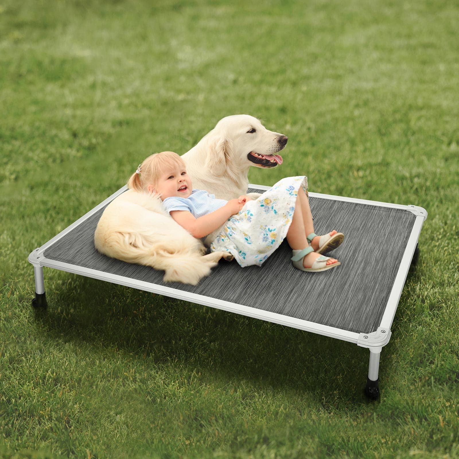 Veehoo Chew Proof Elevated Dog Bed - Cooling Raised Pet Cot - Silver Aluminum Frame And Durable Textilene Mesh Fabric, Unique Designed No-Slip Feet For Indoor Or Outdoor Use, Black Silver, X Large