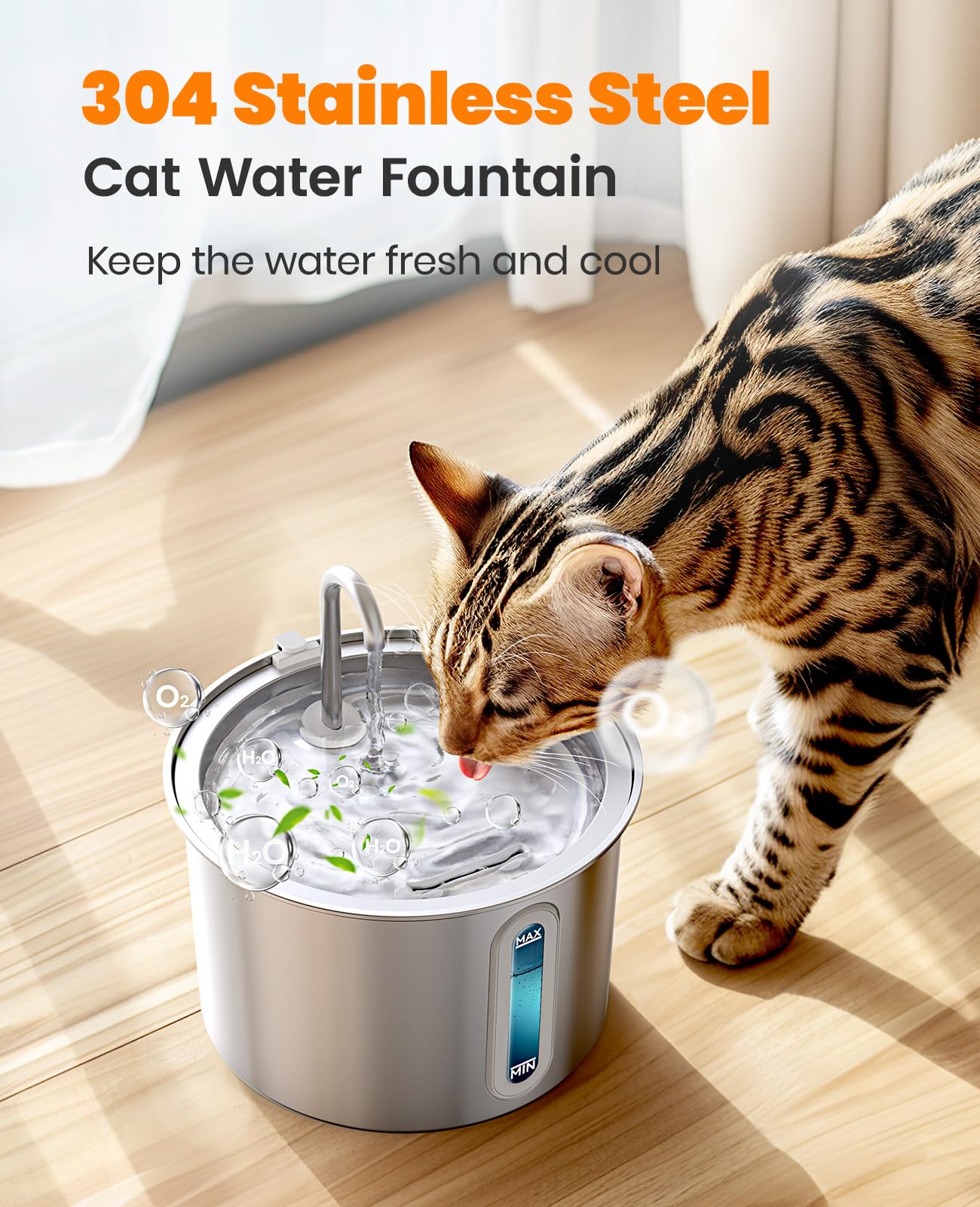 Oneisall Stainless Steel Cat Water Fountain, 2L Water Fountains For Cats Indoor With Quiet Pump And 3 Replacement Filters, Pet W