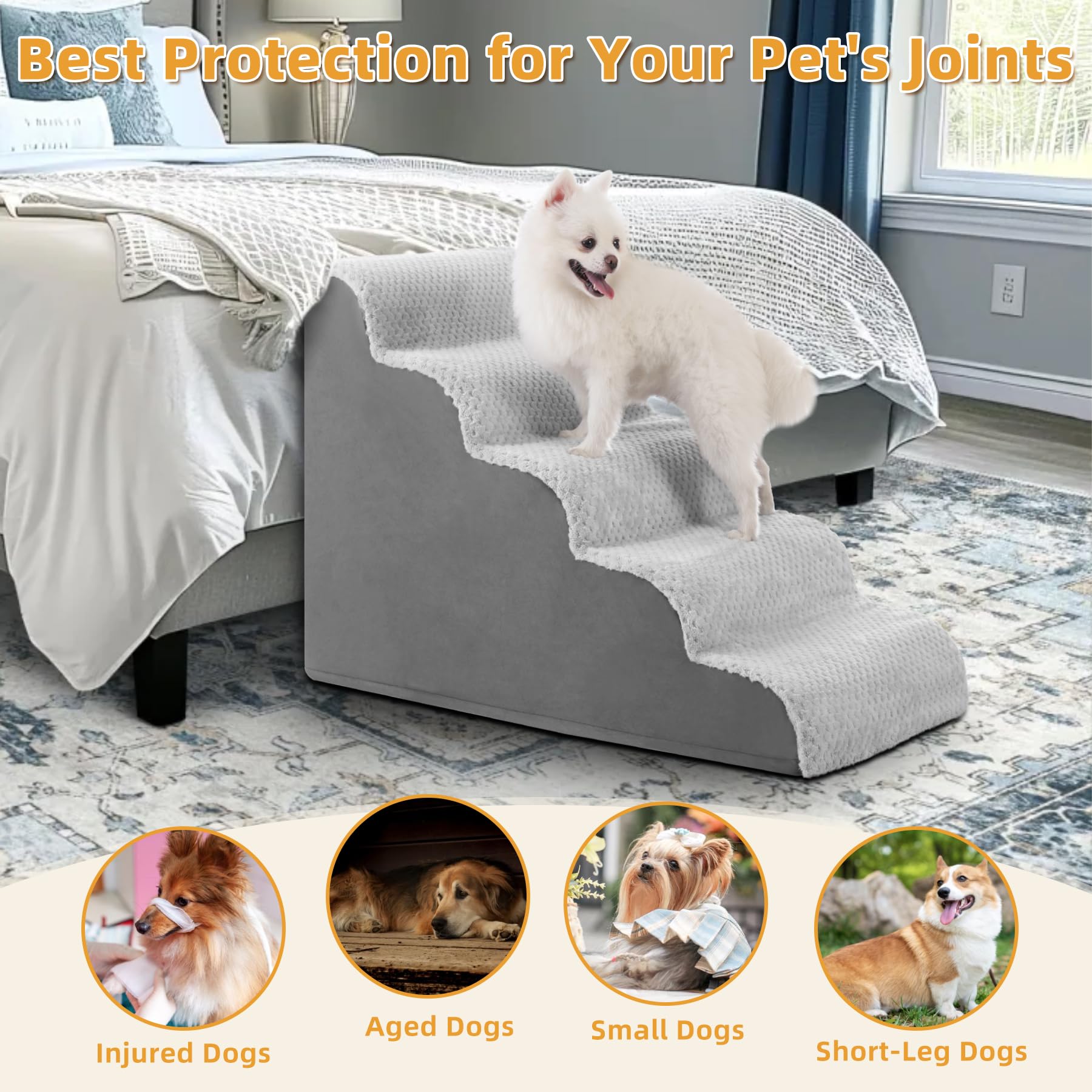 Mihikk Dog Stairs Ramp, Curved 5-Step Dog Steps For Small Dogs And Cats, Pet Stairs For High Beds And Couch With Anti-Slip Washa