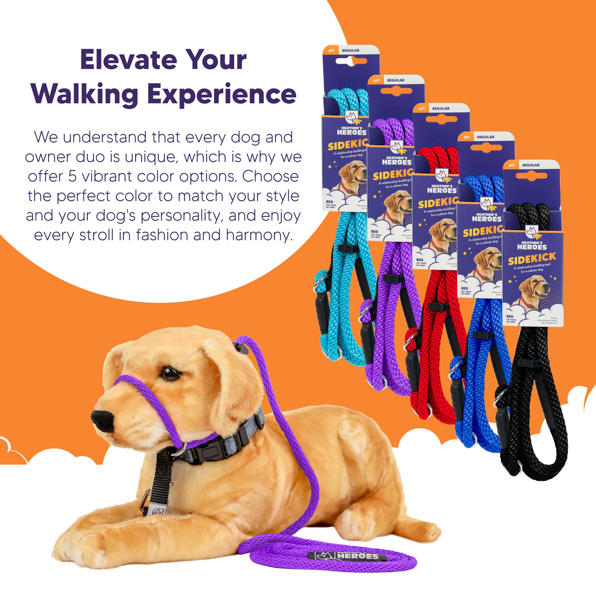 Heather'S Heroes Sidekick Dog Headcollar With Leash - Effective Dog Training Tool For Leash Reactivity And Behavior Issues (Purp