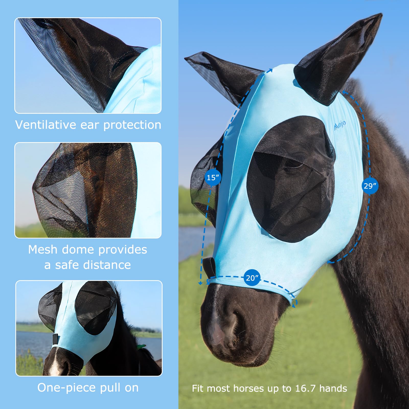 Stretchy Azure Blue Menjo Outdoors Horse Fly Mask with Ears, UV Protection for Horses, Breathable Comfortable Fly Mask Suitable