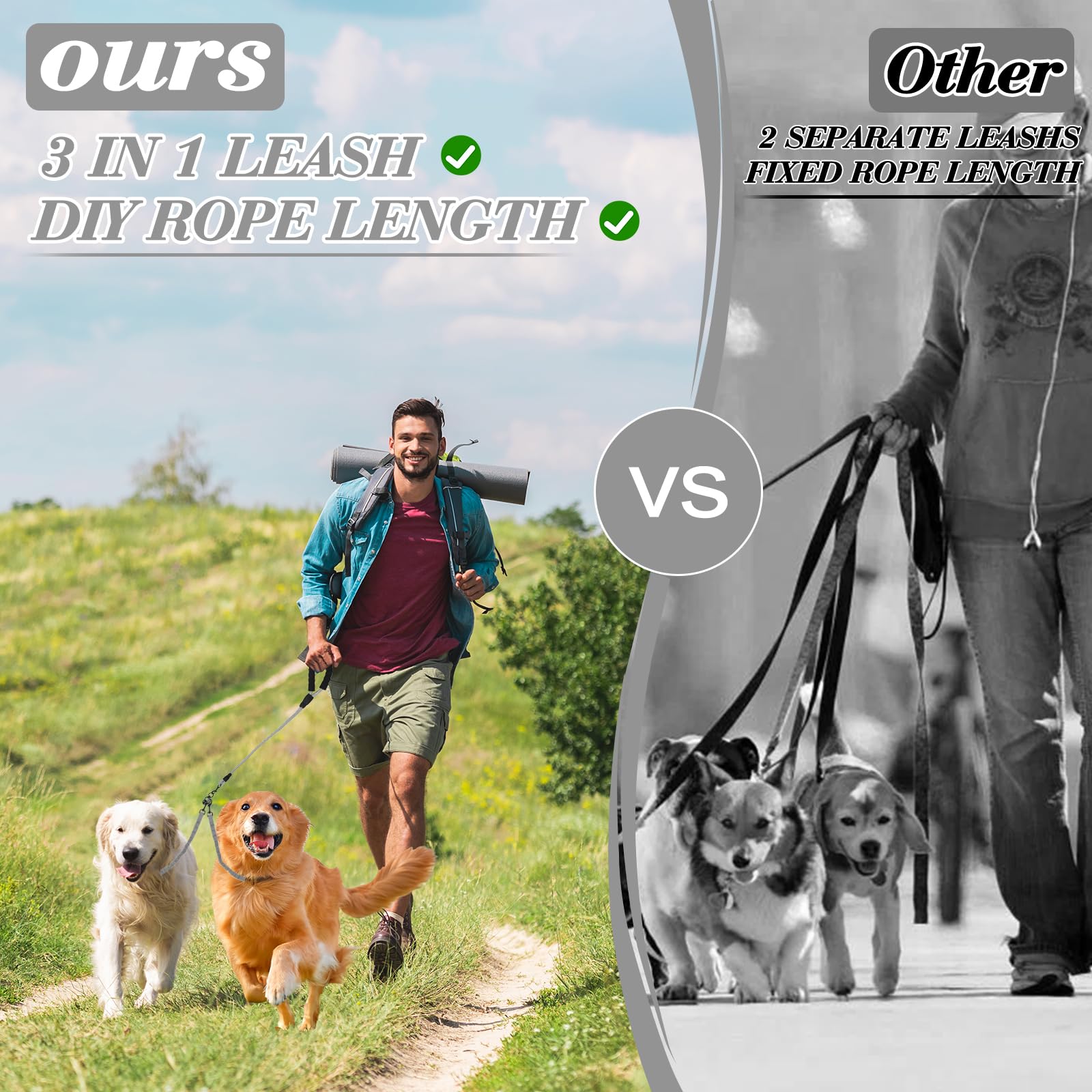 Dog Double Leashes,Rope Bungee Dual Leash With Padded Handle Removable For 2 Dogs,Tangle-Free, Padded Handles, 360 Swivel Contro