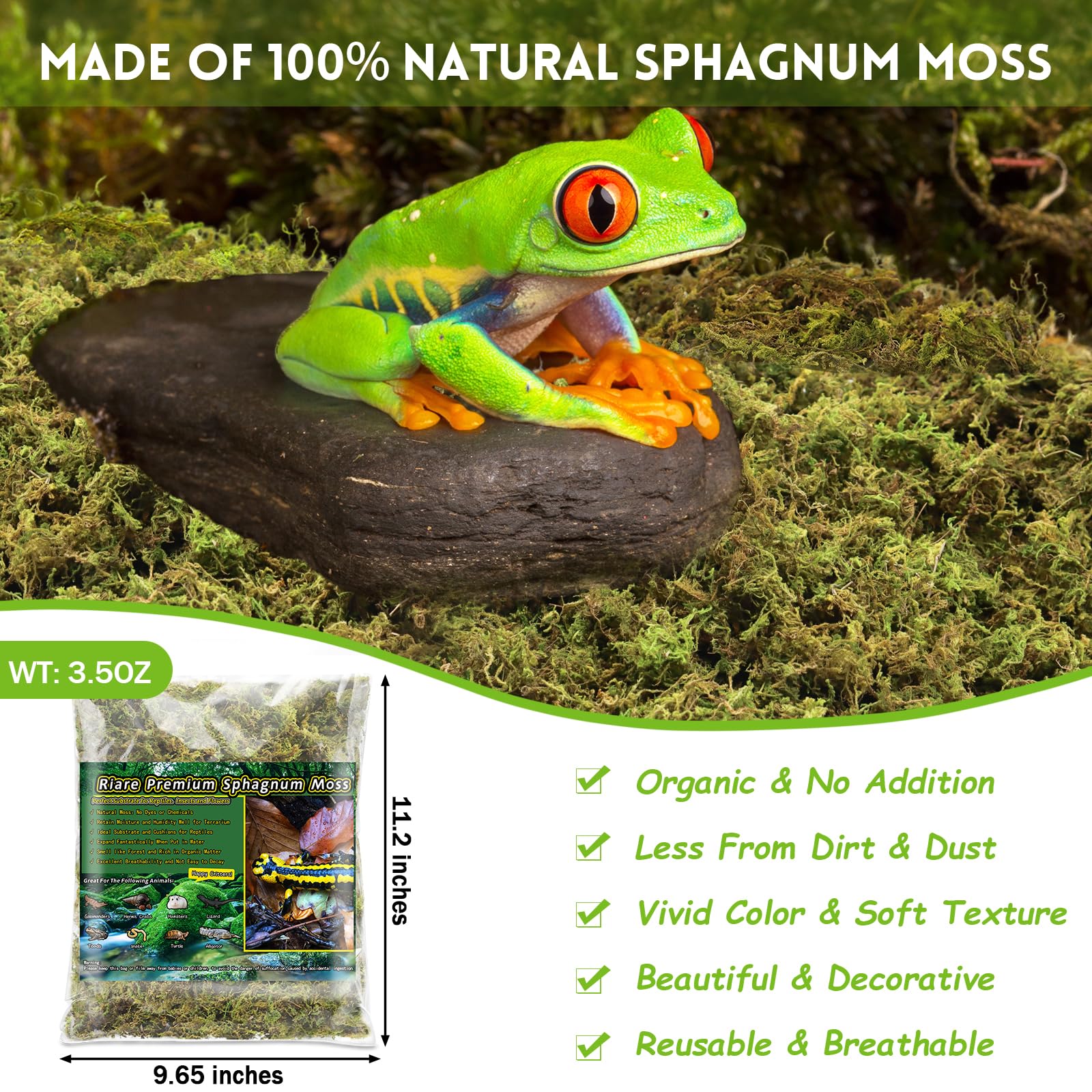 Riare Premium Sphagnum Moss for Reptiles - 3.5 OZ Natural Bedding for Terrariums, Snakes, Geckos, Turtles, Frogs