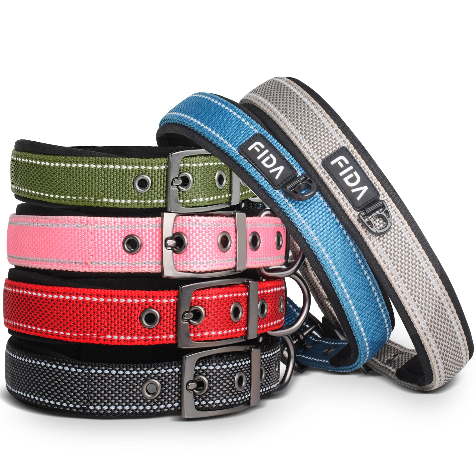 Fida Heavy Duty Dog Collar For Large Dogs, Ultra Comfortable Soft Neoprene Padded, Adjustable Reflective Nylon Pet Collar With D