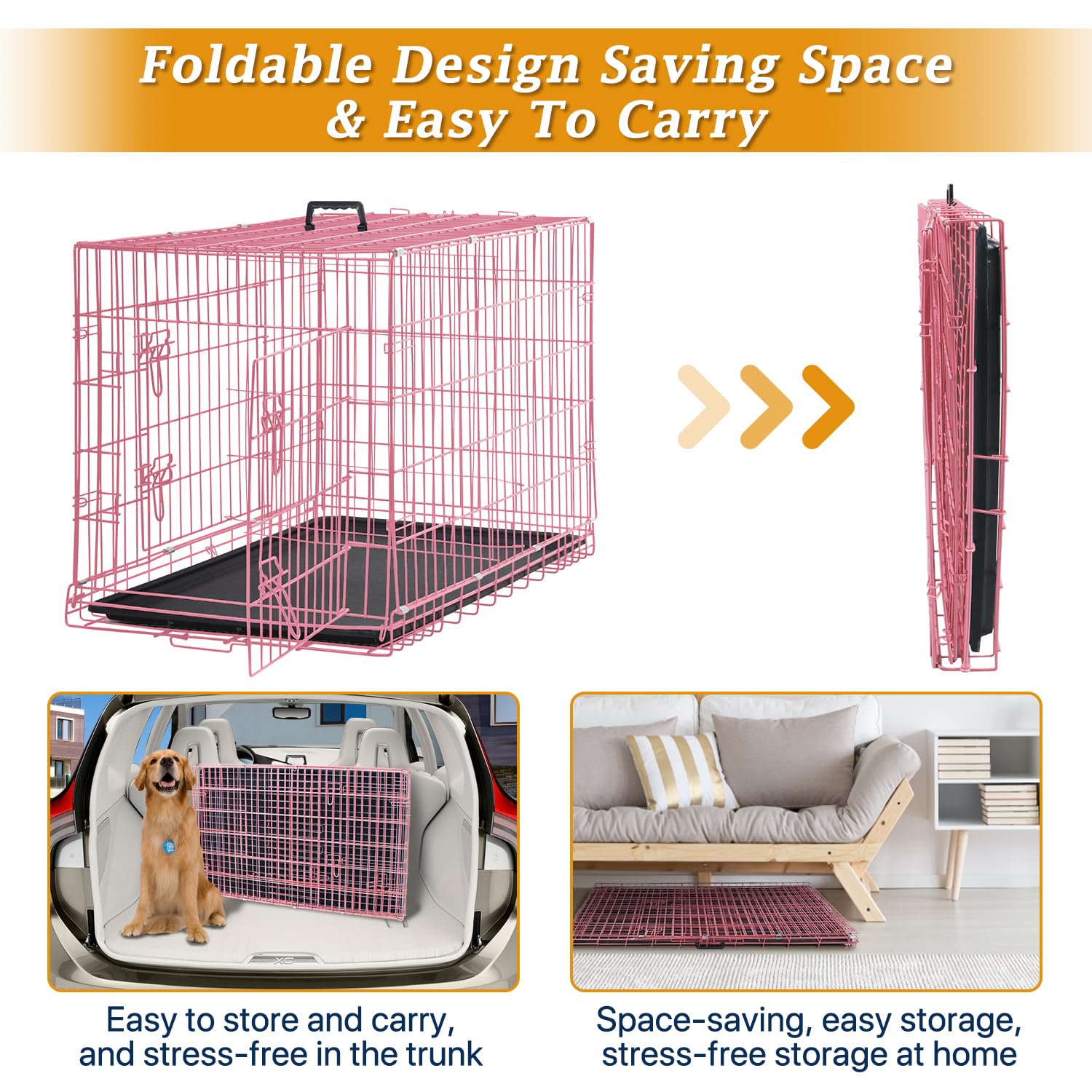 Dog Crate For Large Medium Dogs Folding Dog Kennel Cage With Plastic Tray & Divider 48'' Indoor Outdoor Metal Double Door Pet Pl