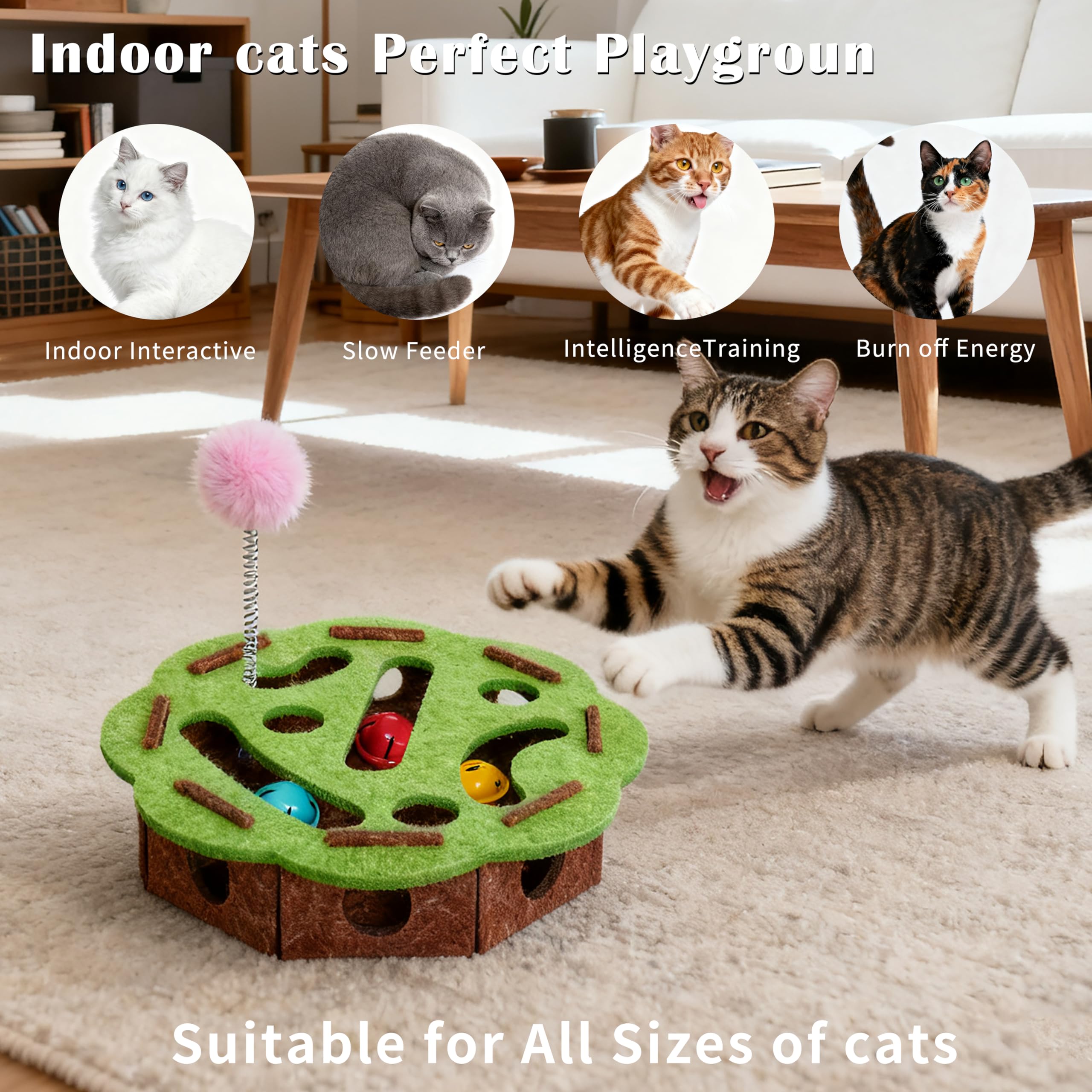 Interactive Cat Puzzle Toy for Indoor Cats, Felt Maze Box with 3 Bell Balls,Self-Play Exercise Toy for Bored Cats, Fun Hide & Se