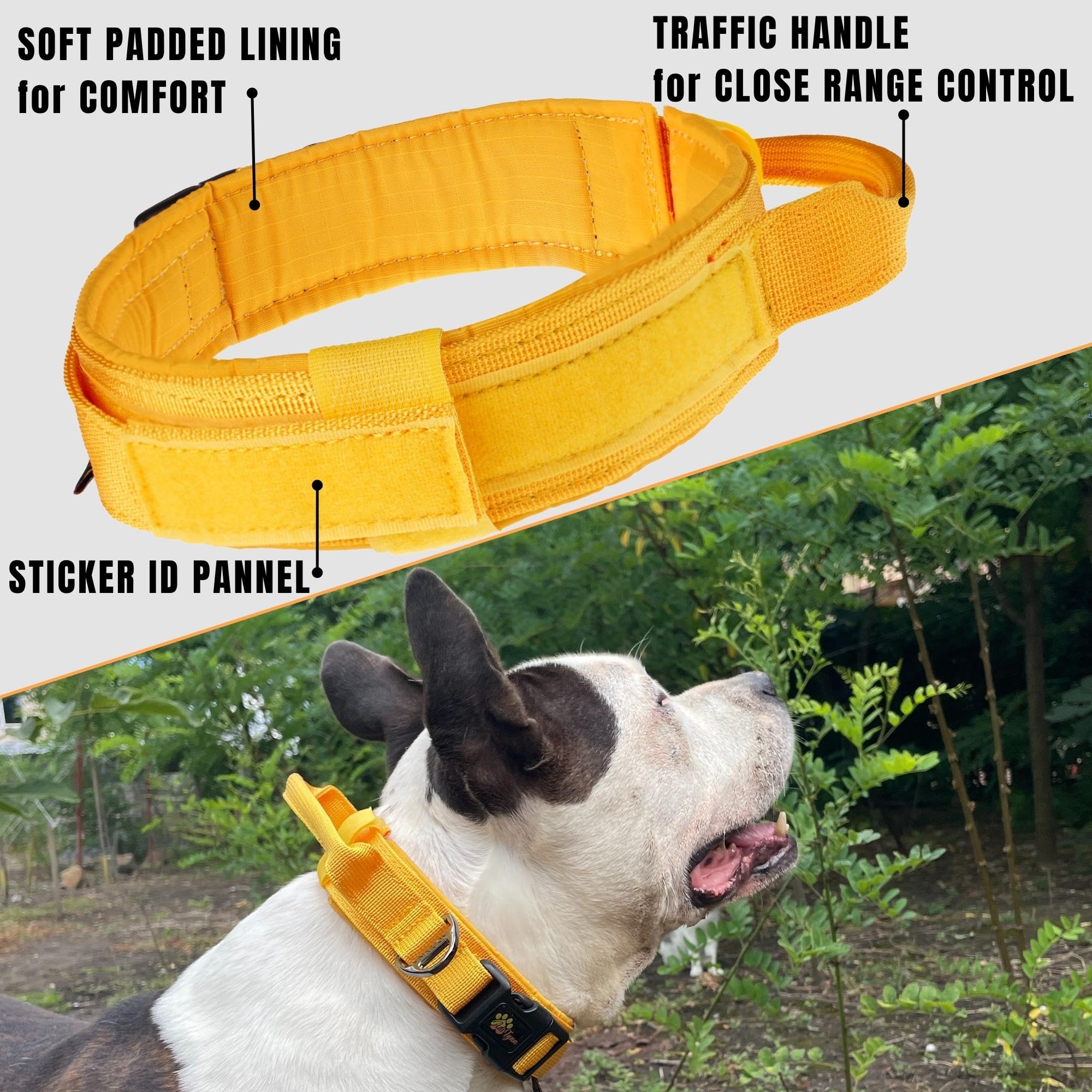 Adityna Tactical Dog Collar For Large Dogs - Soft Padded, Heavy Duty, Service, Adjustable Military K9 Yellow Collar With Handle