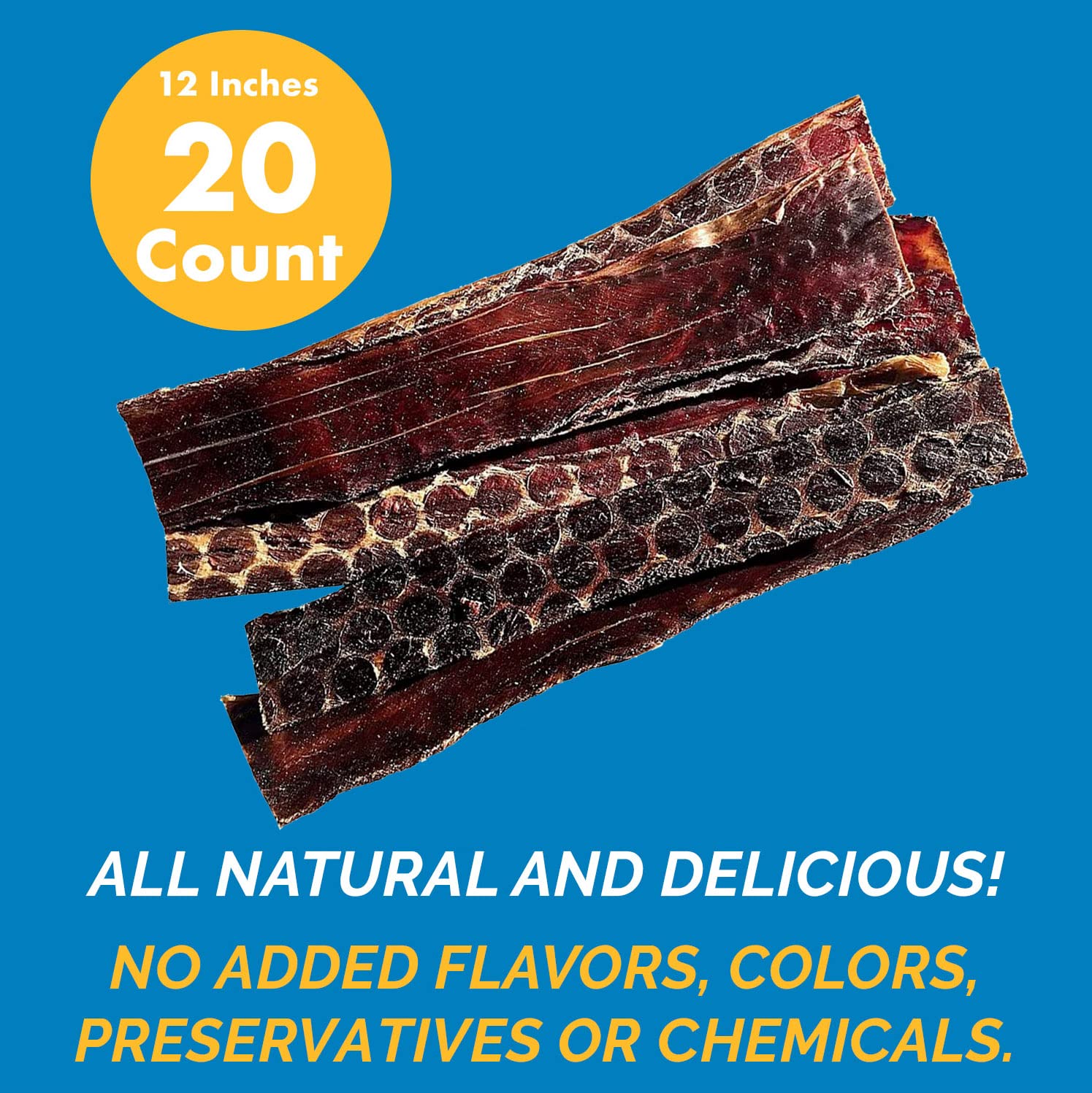 123 Treats Esophagus Dog Treats - (12 Inches - 20 Count) 100% Natural, Flat Gullet Sticks for Dogs, Beef Jerky Dog Treats Strips