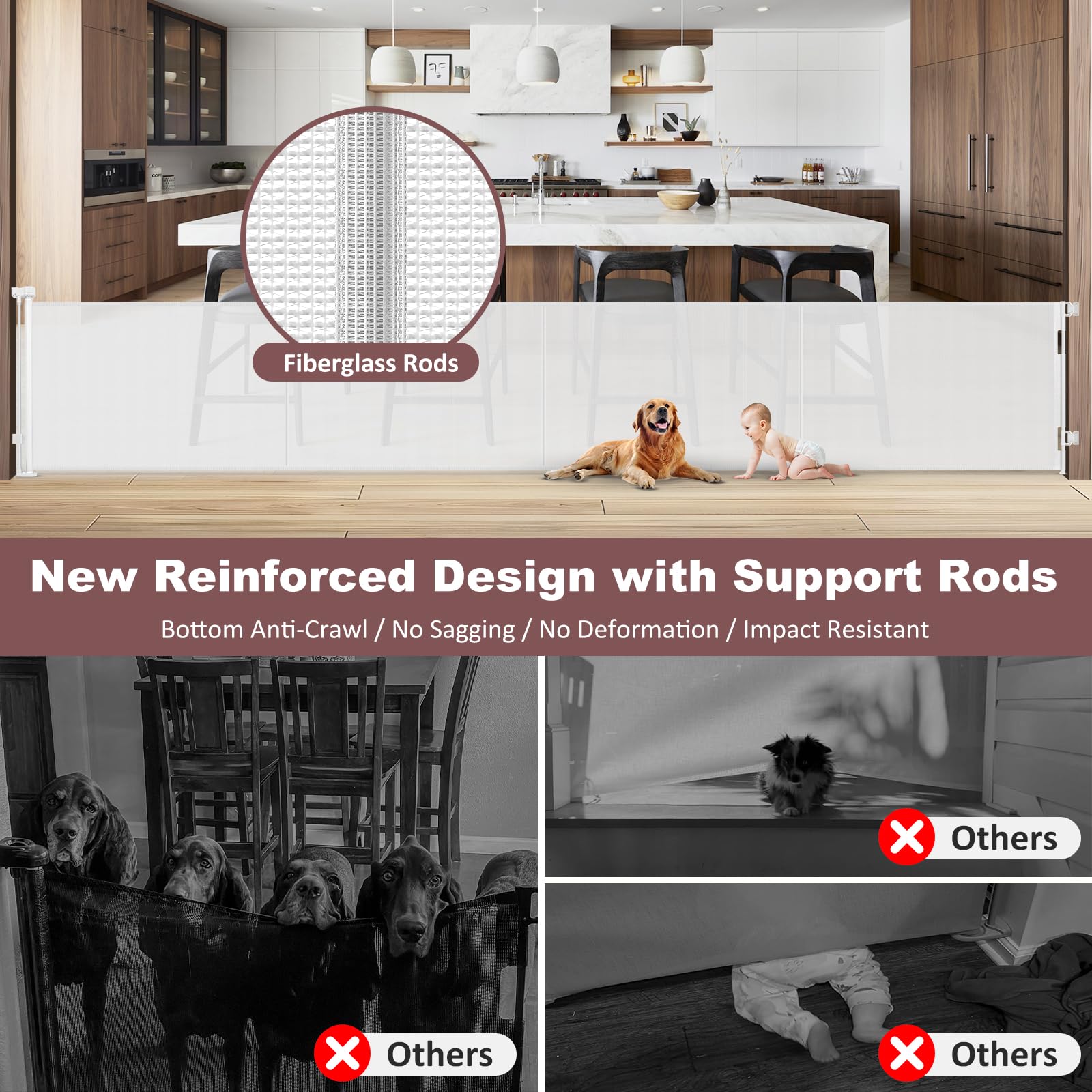 Reinforced 41 Inch Extra Tall Retractable Baby Gates 200 Inch Extra Wide Dog Gate with Support Rods, Indoor Dog Gates for The Ho